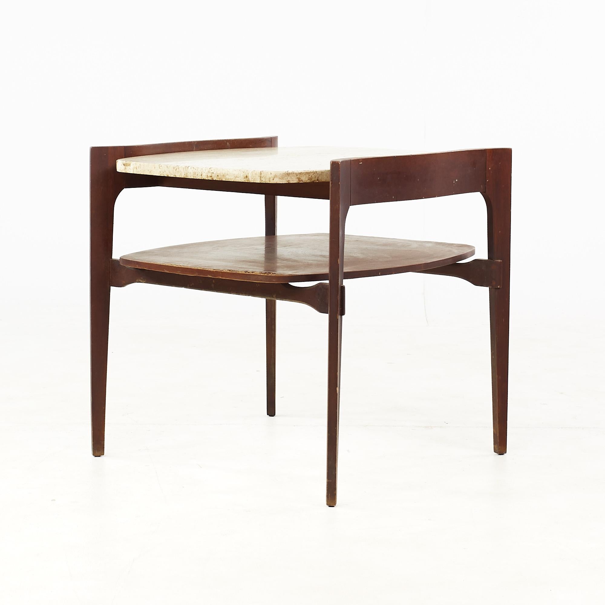 Late 20th Century Bertha Schaefer MCM Sculpted Walnut and Italian Travertine Side Tables, Pair