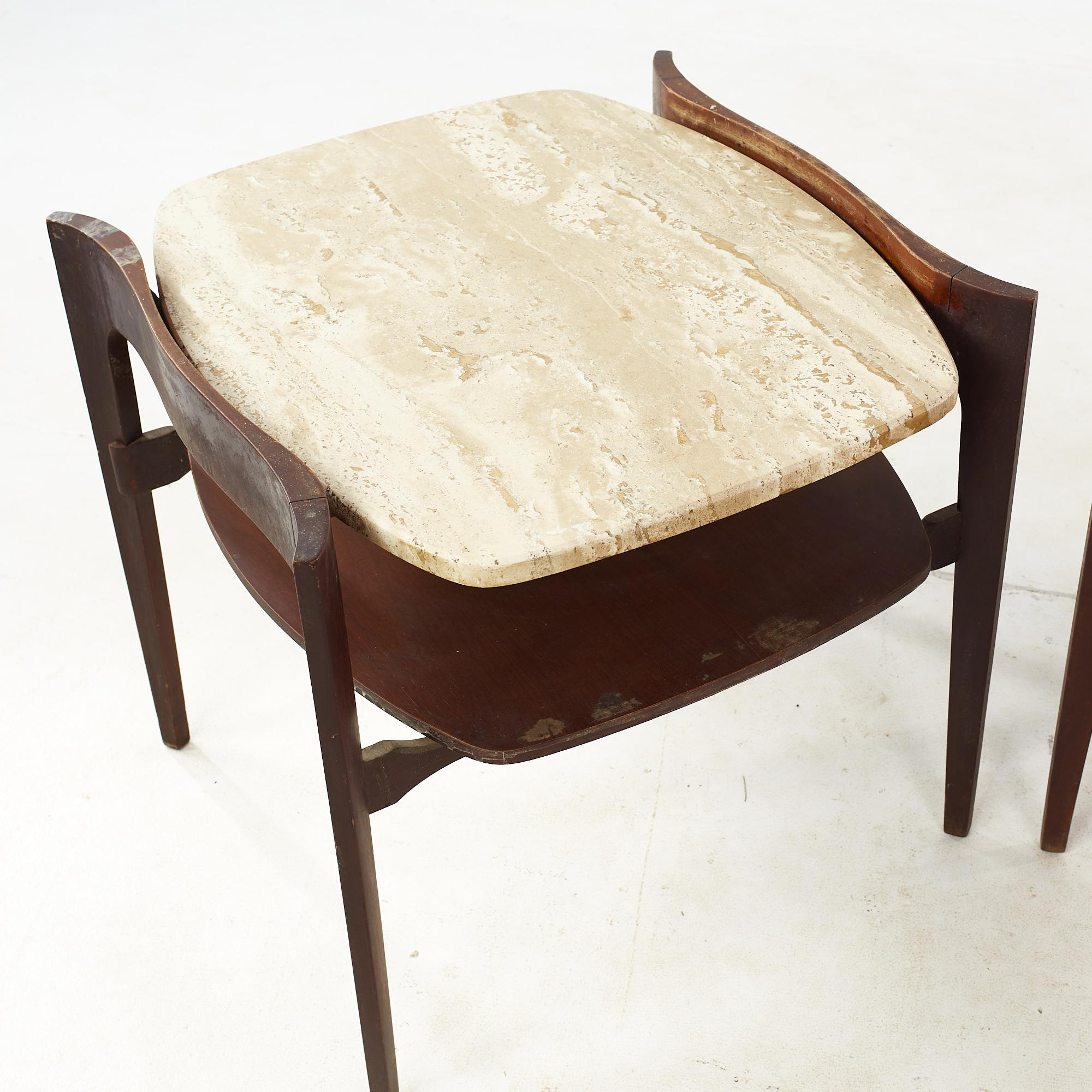 Bertha Schaefer MCM Sculpted Walnut and Italian Travertine Side Tables, Pair 1