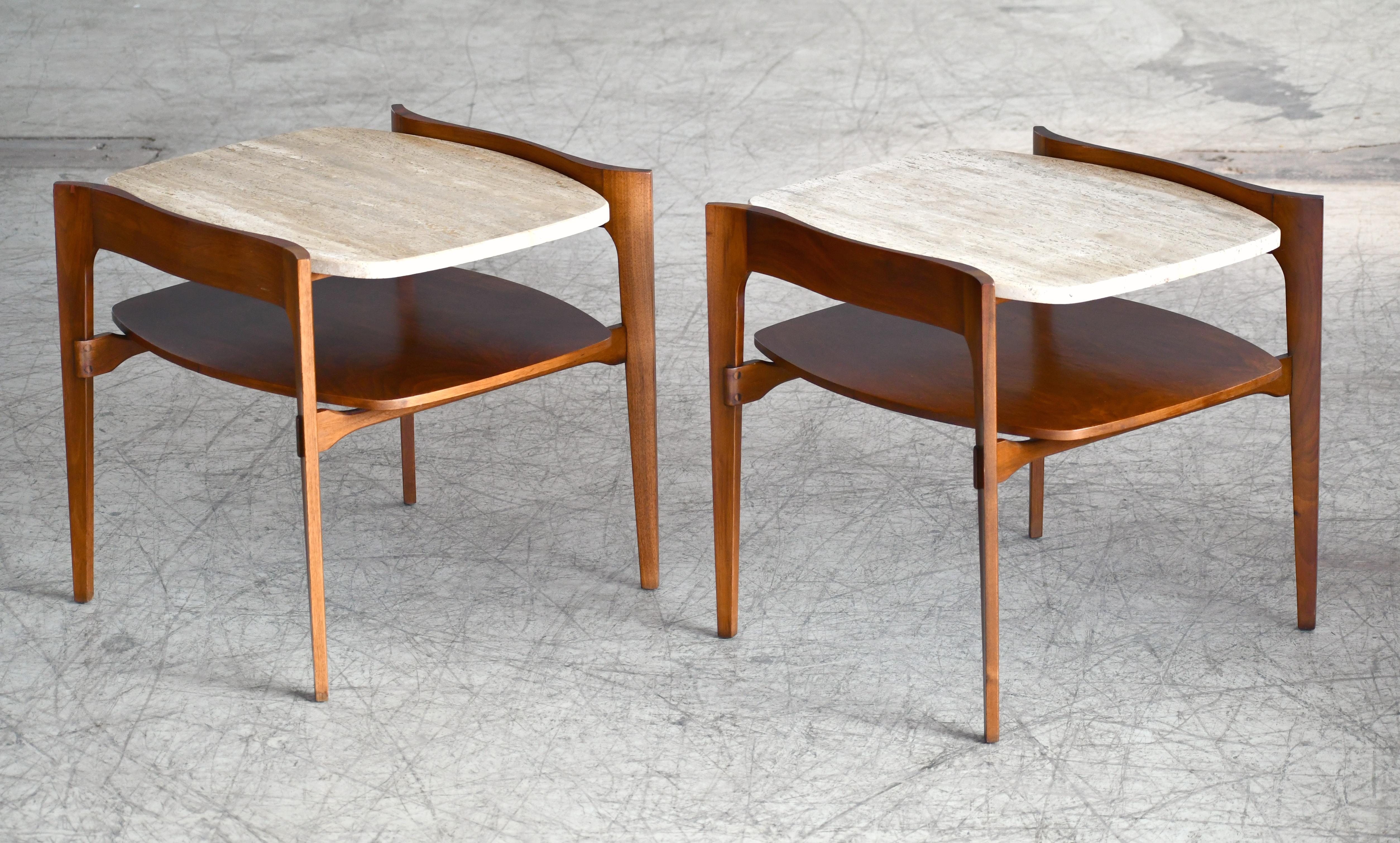 Fabulous boat tail shaped side or end tables designed by Bertha Schaefer for M. Singer and produced in the 1950s. Very sculptural walnut frames with 