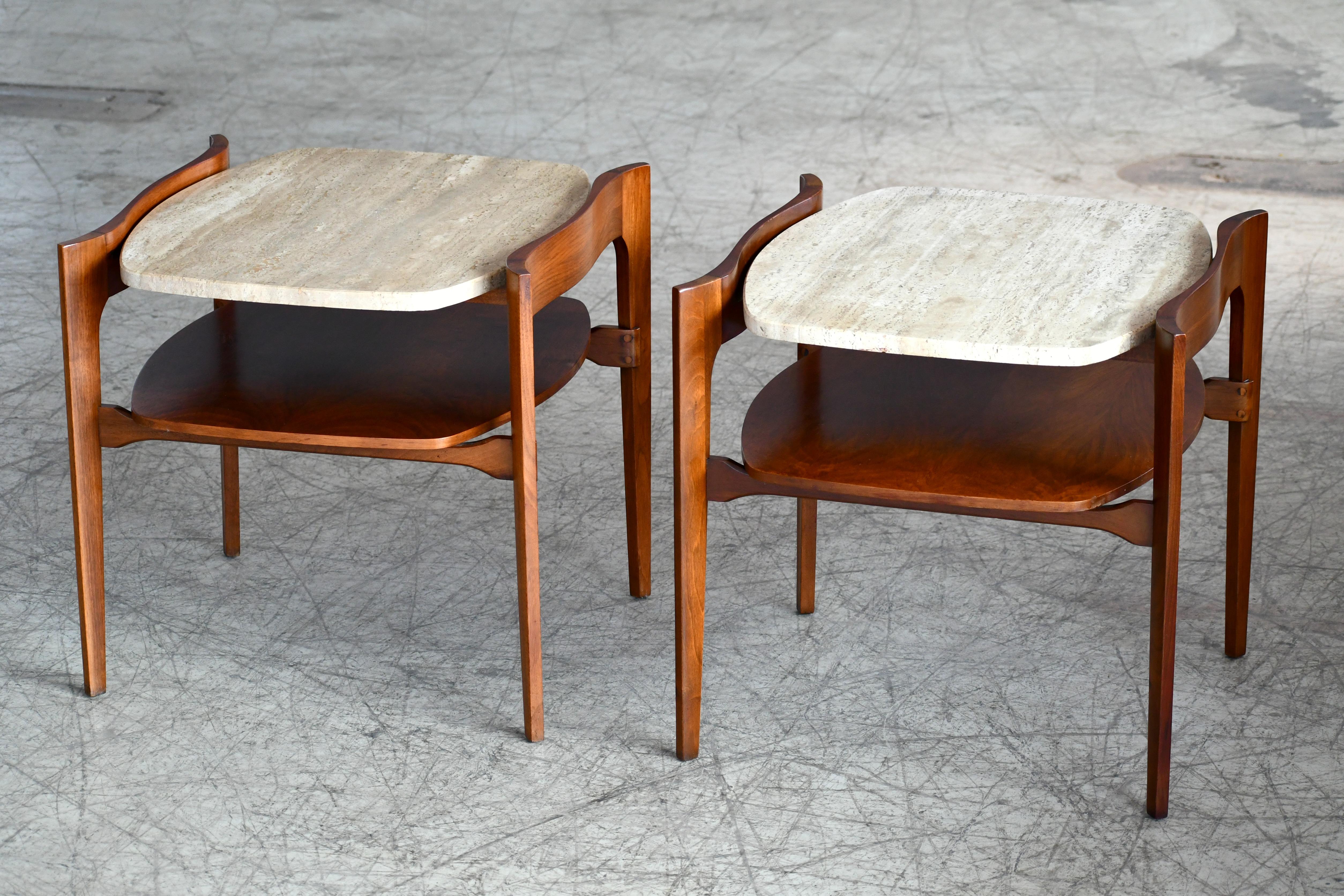 Mid-Century Modern Bertha Schaefer Midcentury End or Side Tables in Walnut with Travertine Tops