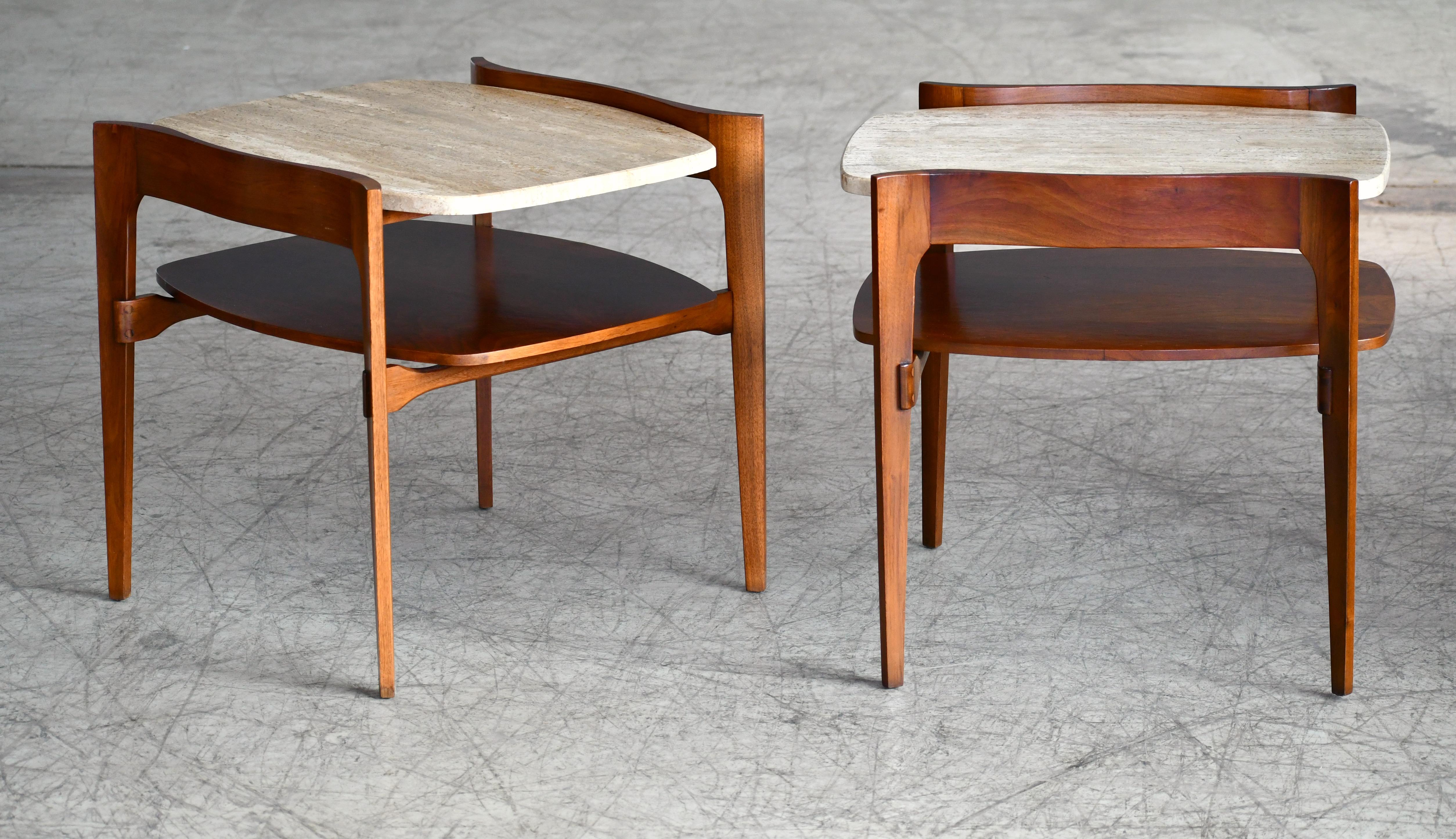 American Bertha Schaefer Midcentury End or Side Tables in Walnut with Travertine Tops