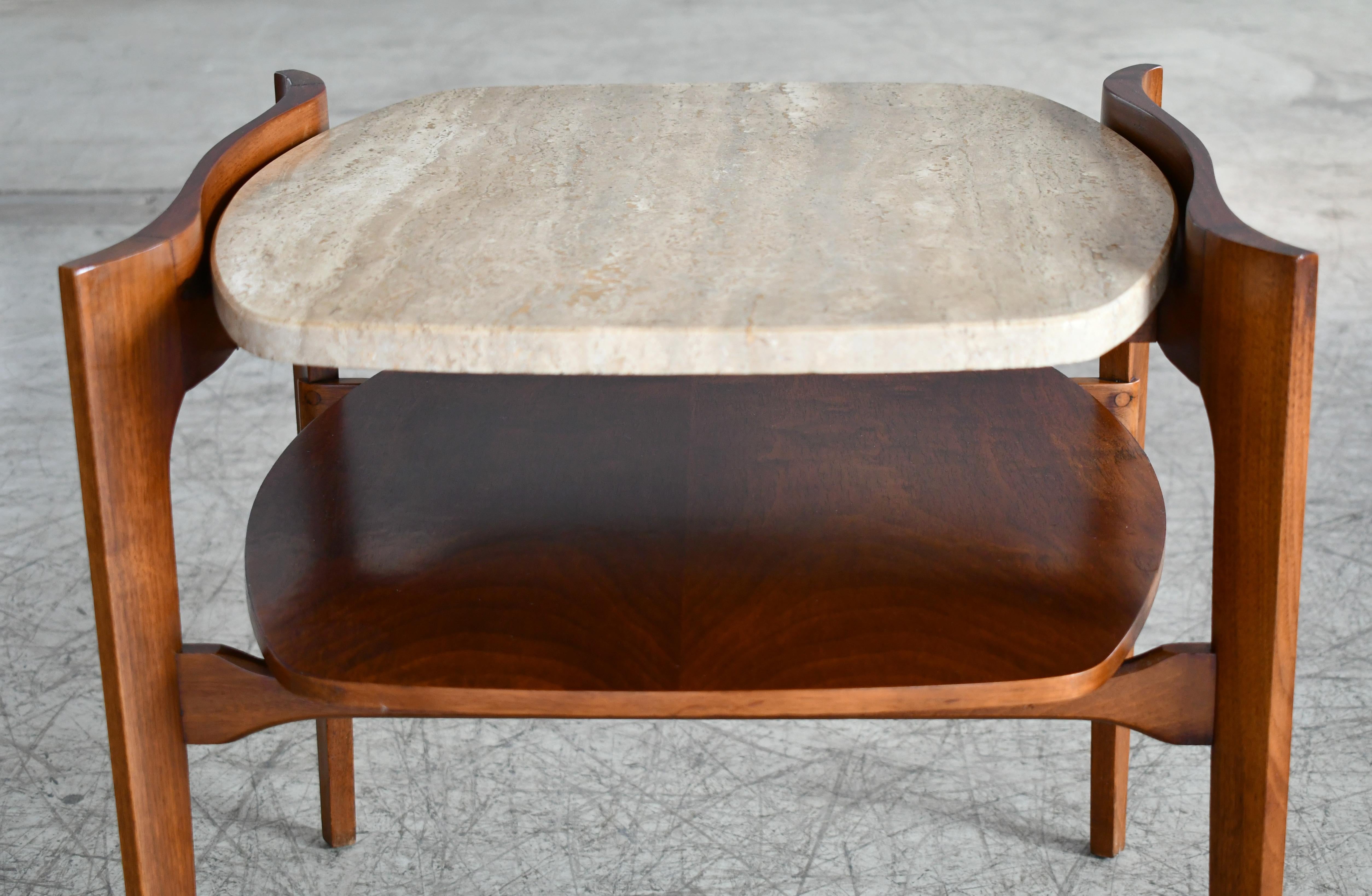 Mid-20th Century Bertha Schaefer Midcentury End or Side Tables in Walnut with Travertine Tops