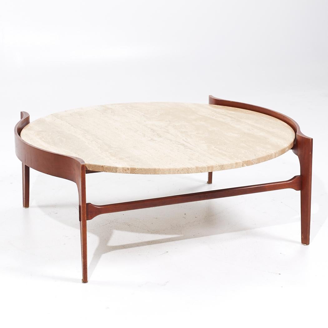Late 20th Century Bertha Schaefer Mid Century Sculpted Travertine and Walnut Coffee Table