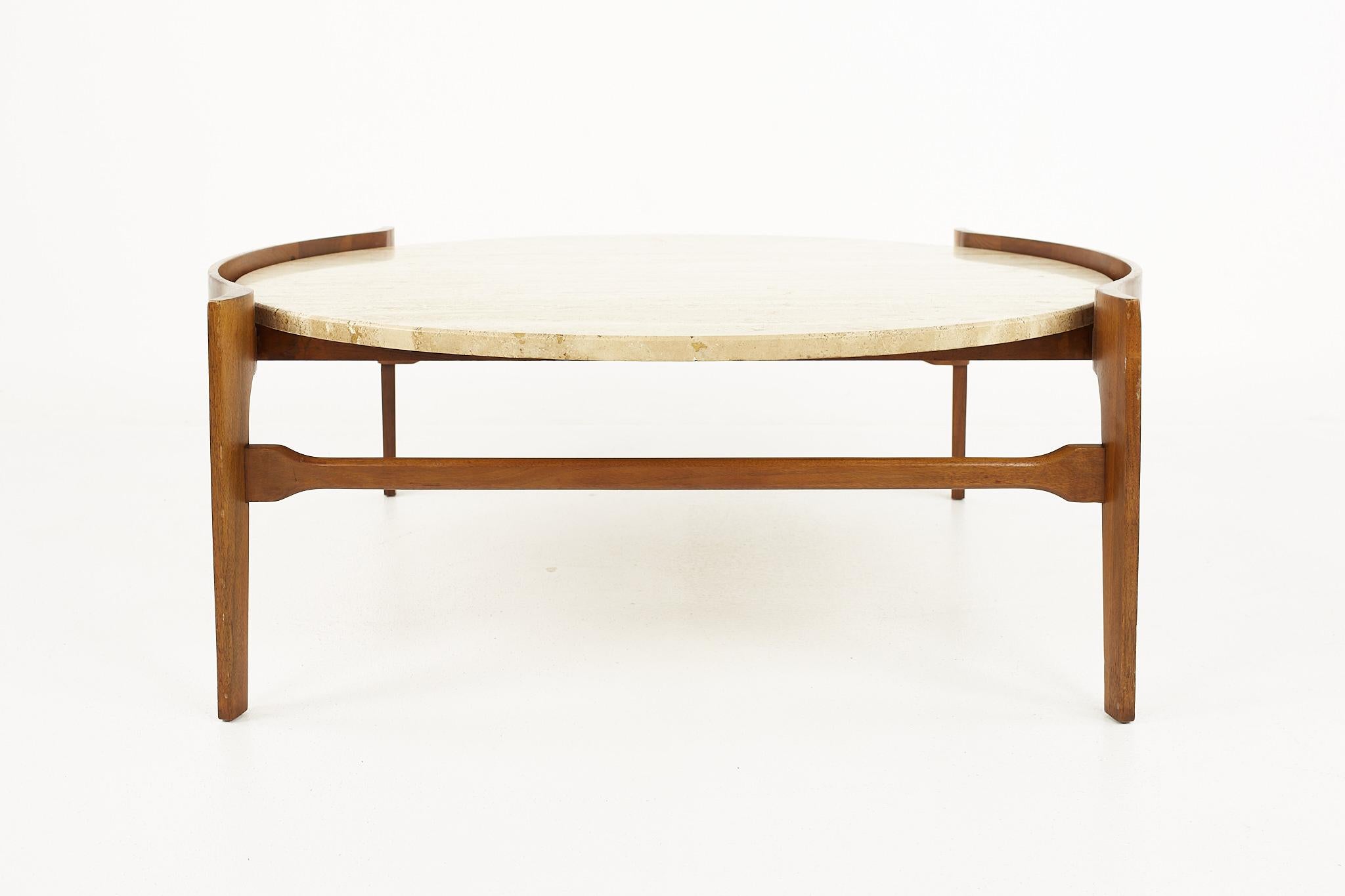 American Bertha Schaefer Mid Century Travertine and Walnut Coffee Table