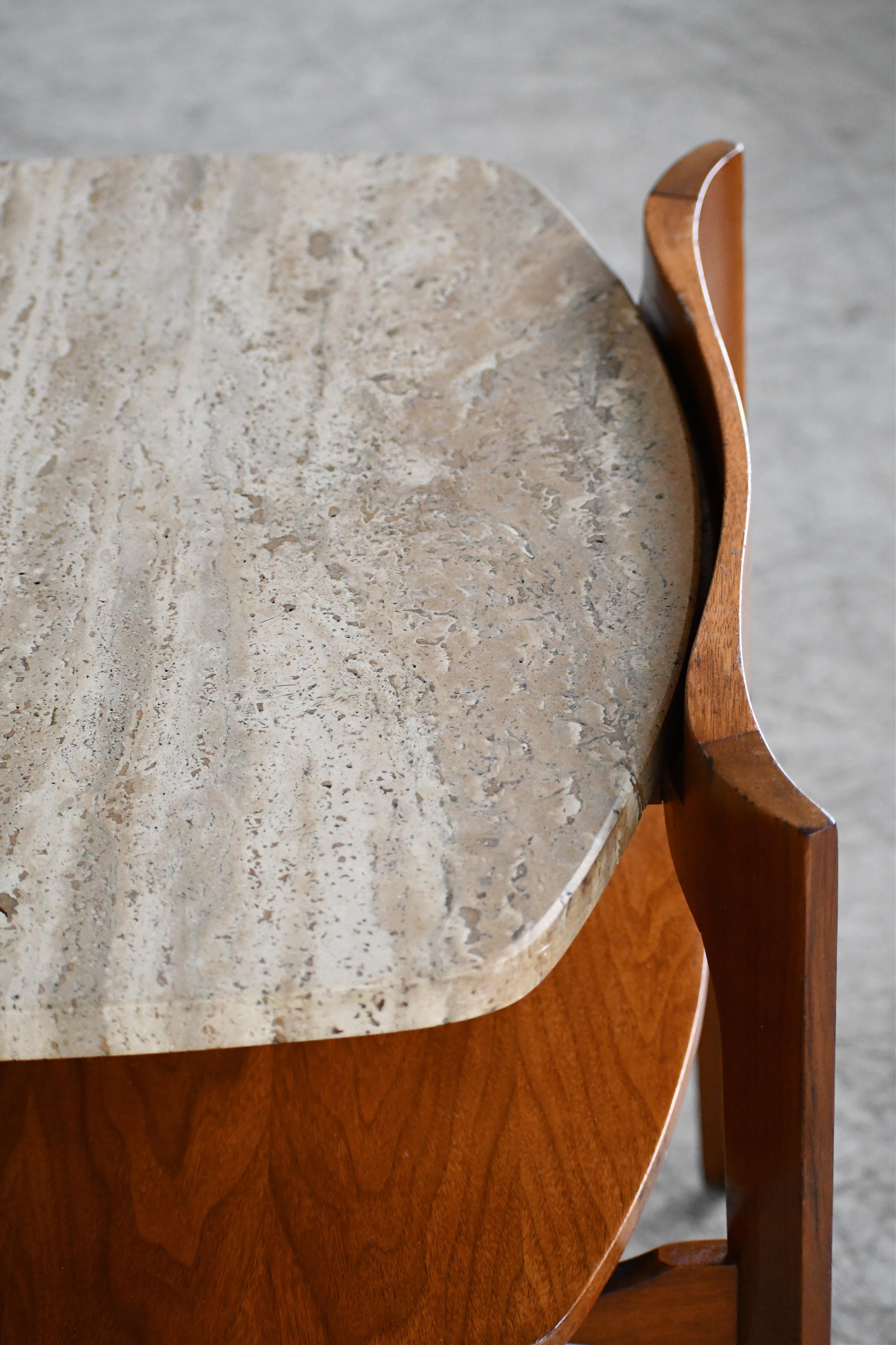 American Bertha Schaefer Midcentury End or Side Table in Walnut with Travertine Top  For Sale