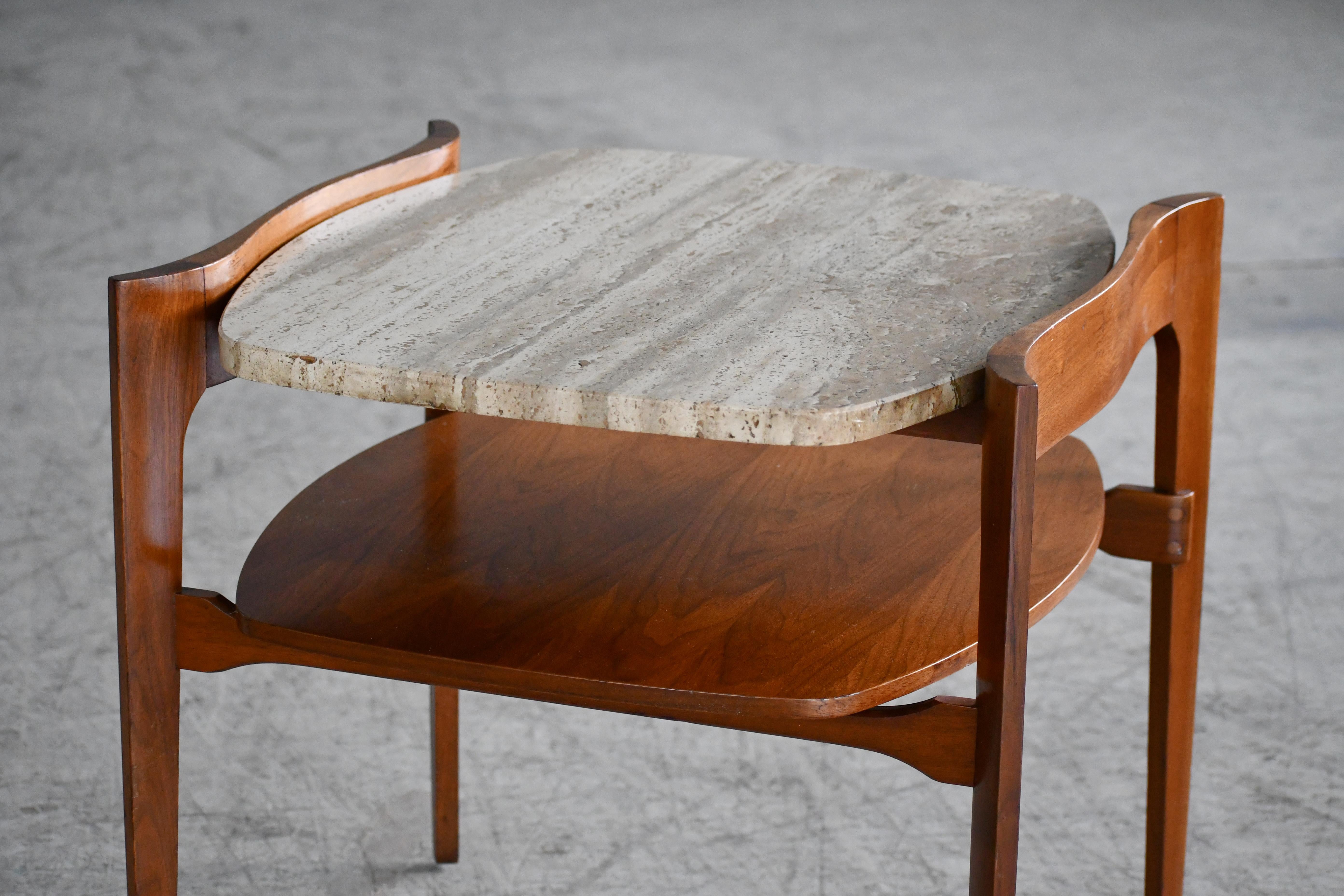 Bertha Schaefer Midcentury End or Side Table in Walnut with Travertine Top  In Good Condition For Sale In Bridgeport, CT