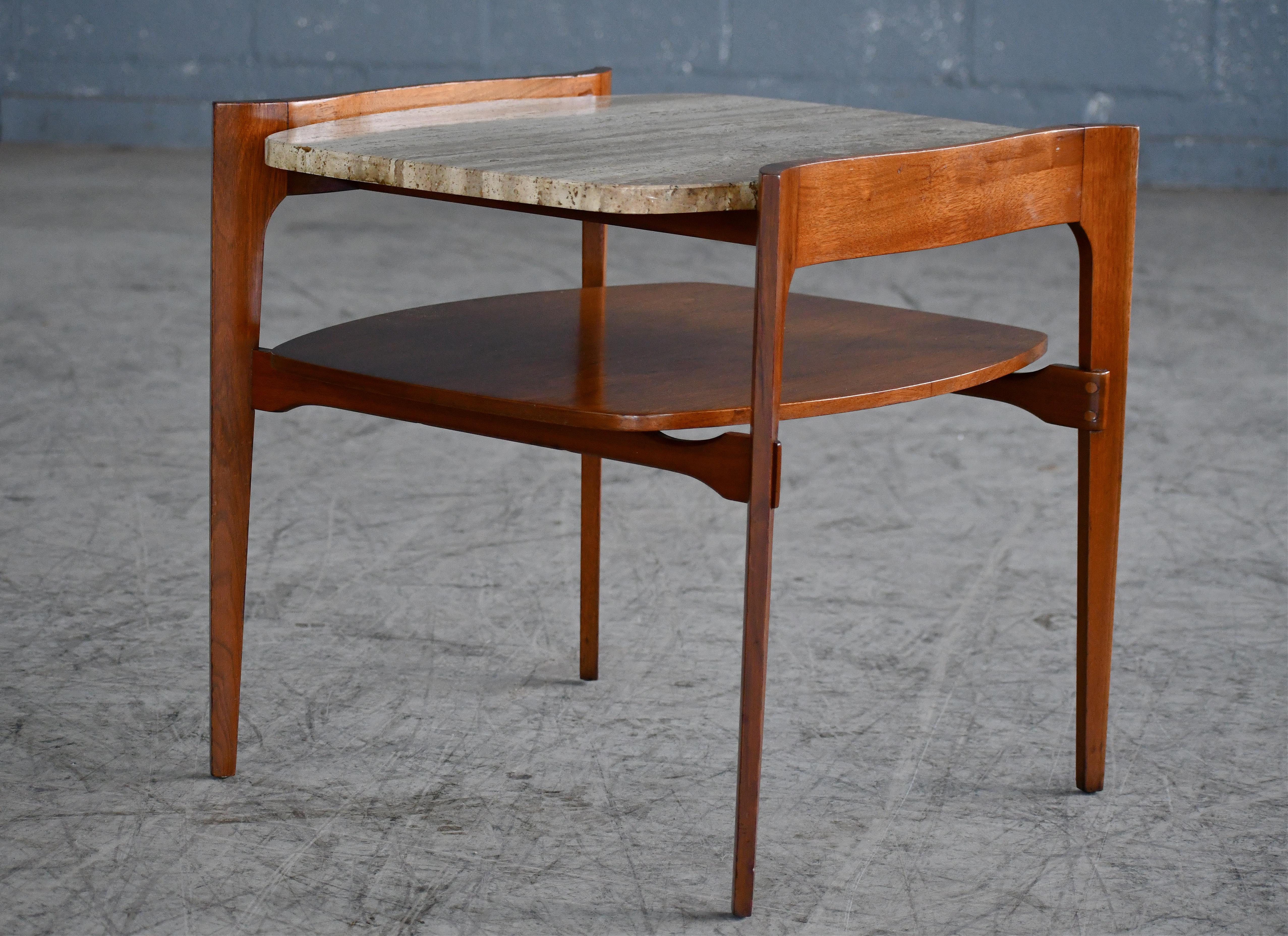 Mid-20th Century Bertha Schaefer Midcentury End or Side Table in Walnut with Travertine Top  For Sale