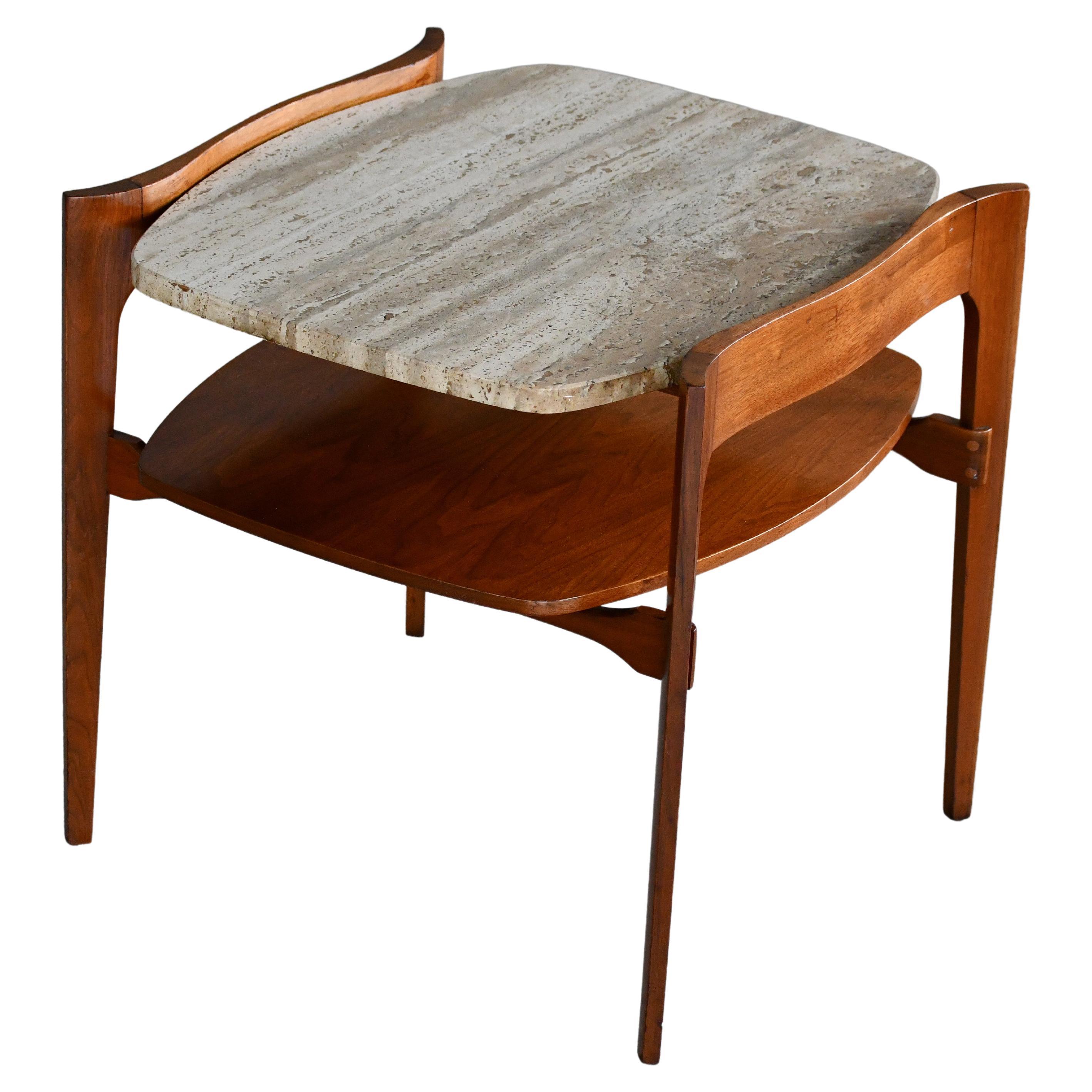 Bertha Schaefer Midcentury End or Side Table in Walnut with Travertine Top  For Sale