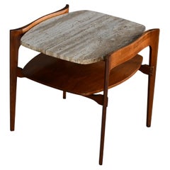 Bertha Schaefer Midcentury End or Side Tables in Walnut with Travertine Tops