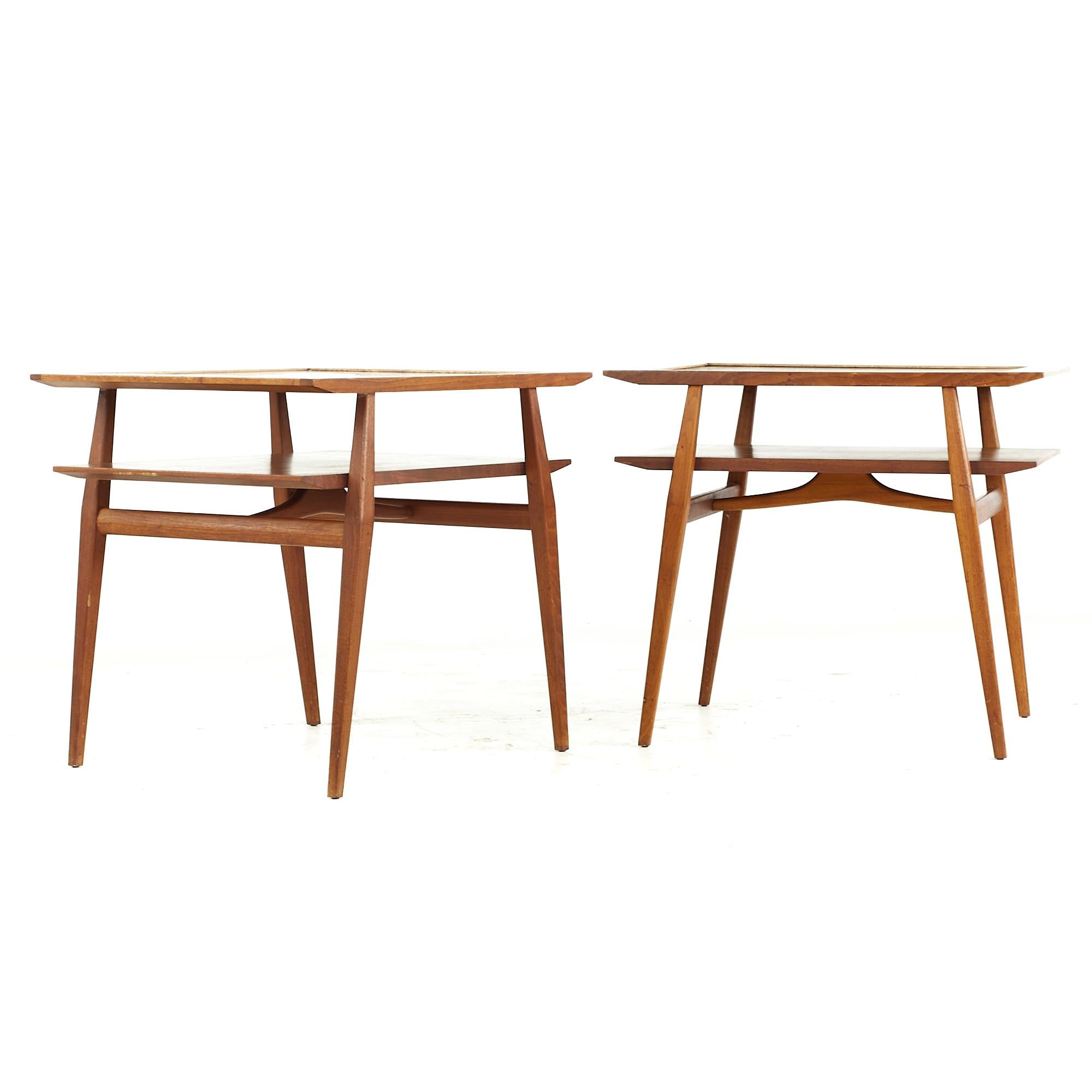 Bertha Schaefer for Singer & Sons American mid-century Two-Tier Walnut and Laminate Side End Tables - Pair
each side table measures: 28 wide x 22.25 deep x 24.25 inches high
all pieces of furniture can be had in what we call restored vintage