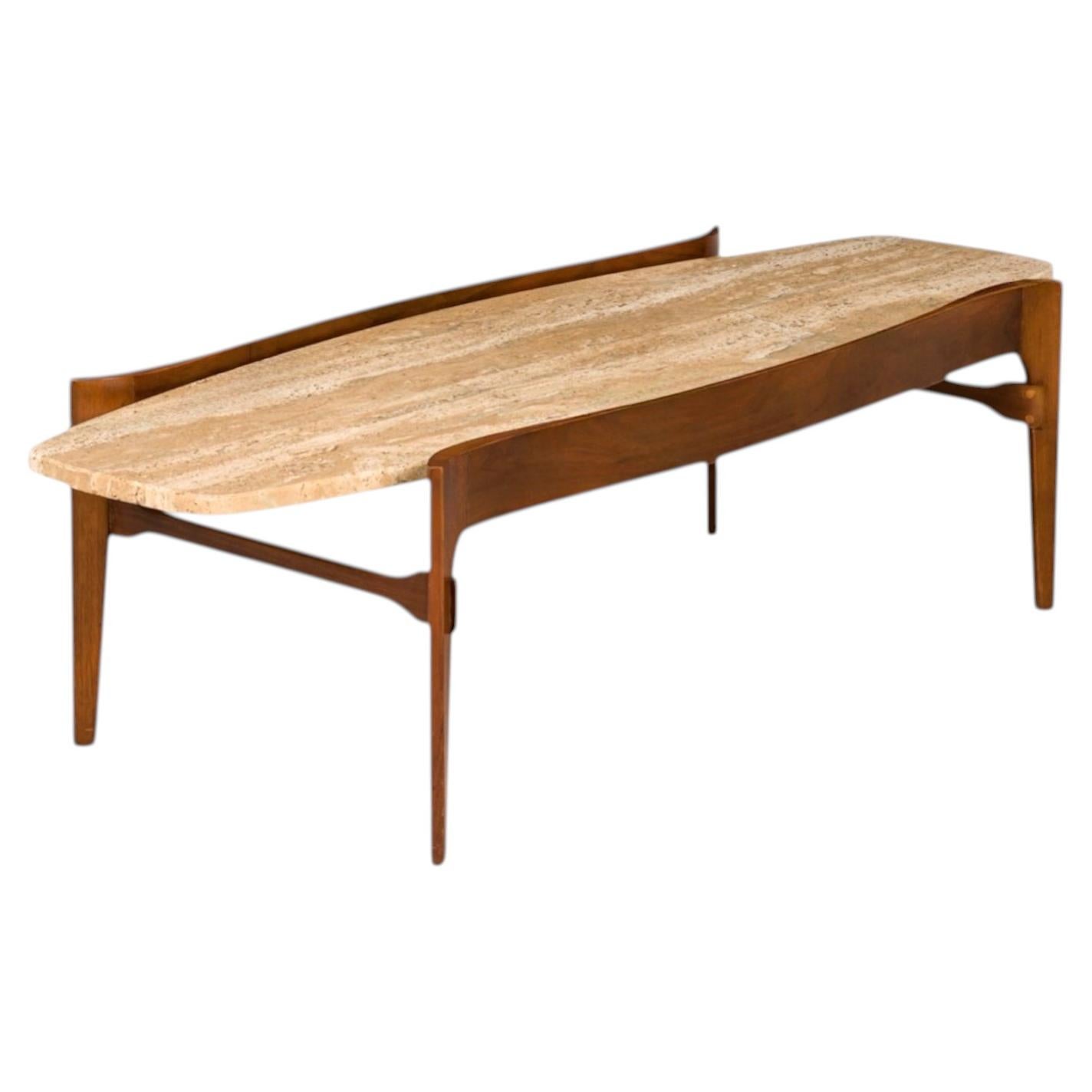 Bertha Schaefer / Singer & Sons Table basse moderne organique en noyer et travertin