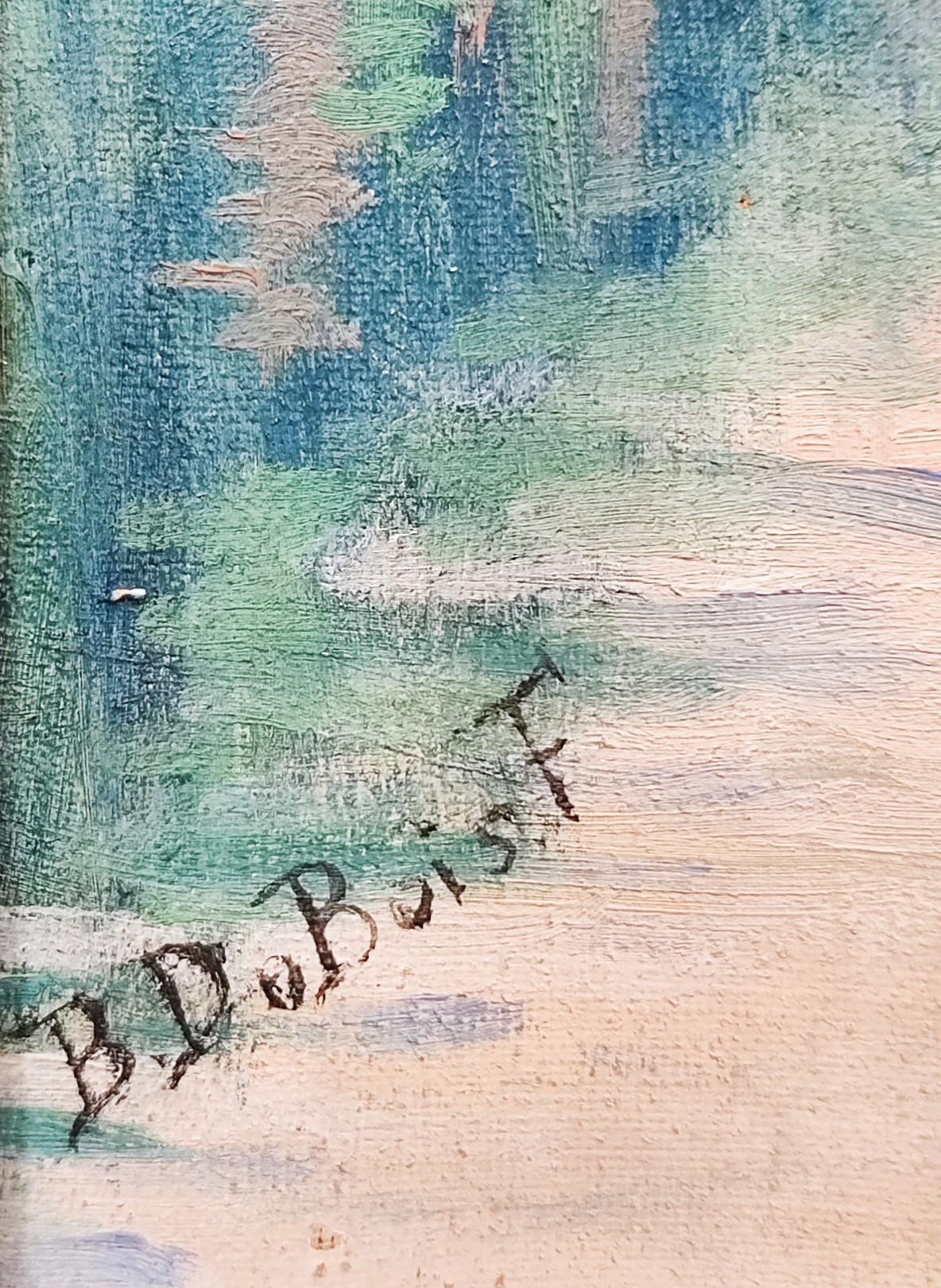 Landscape lake and mountain face - Blue Landscape Painting by Berthe Du Bois-Favre