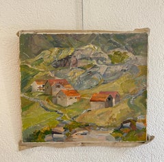 Mountain Village Oil Painting, Impressionist, Circa 1940, Unframed