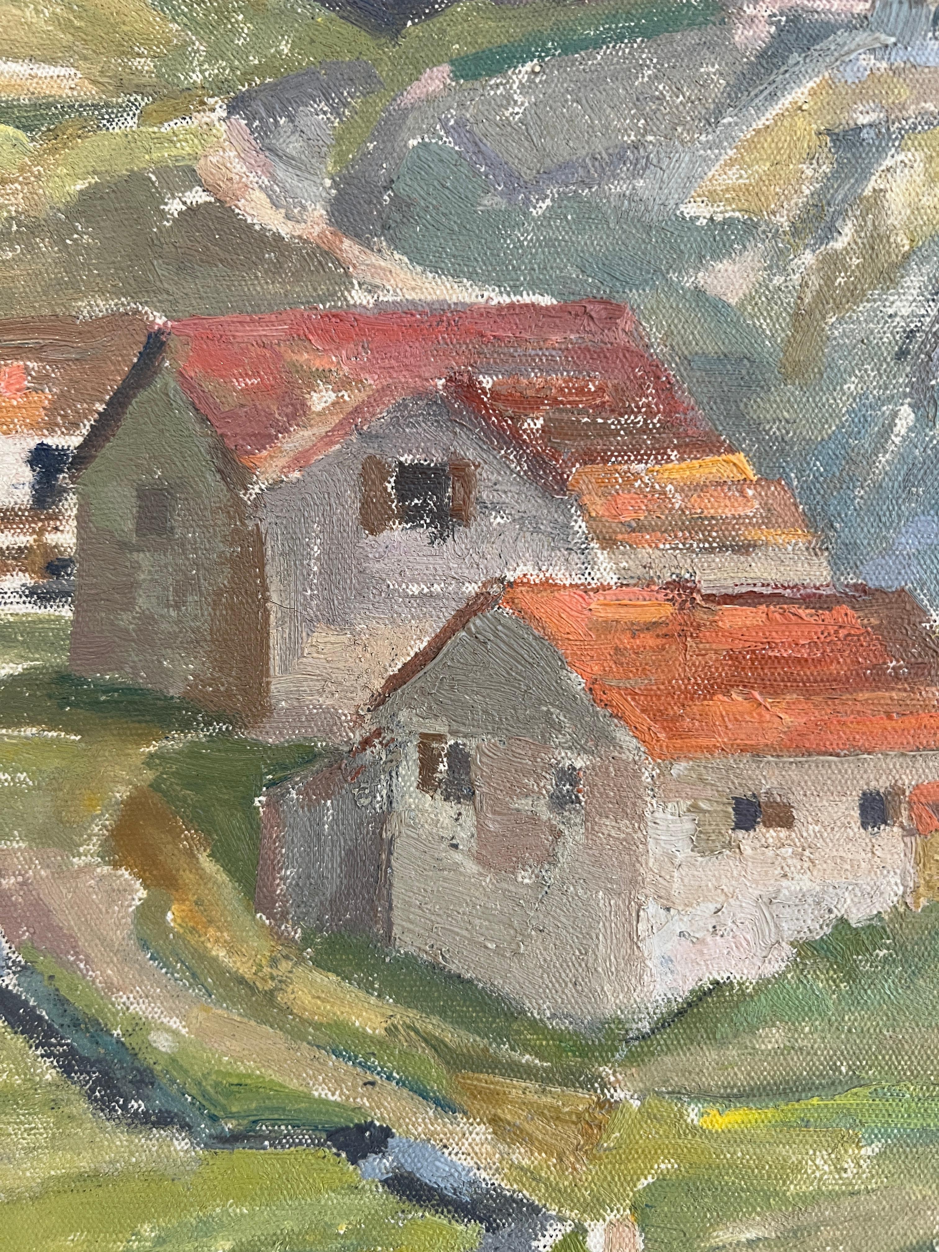 Dieses fesselnde Werk zeigt eine ländliche Berglandschaft mit zeitlosem Charme. Mit einer Palette von erdigen, nuancierten Farben gelingt es der Künstlerin, eine Atmosphäre zu schaffen, die sowohl heiter als auch voller Vitalität ist. Vier Häuser