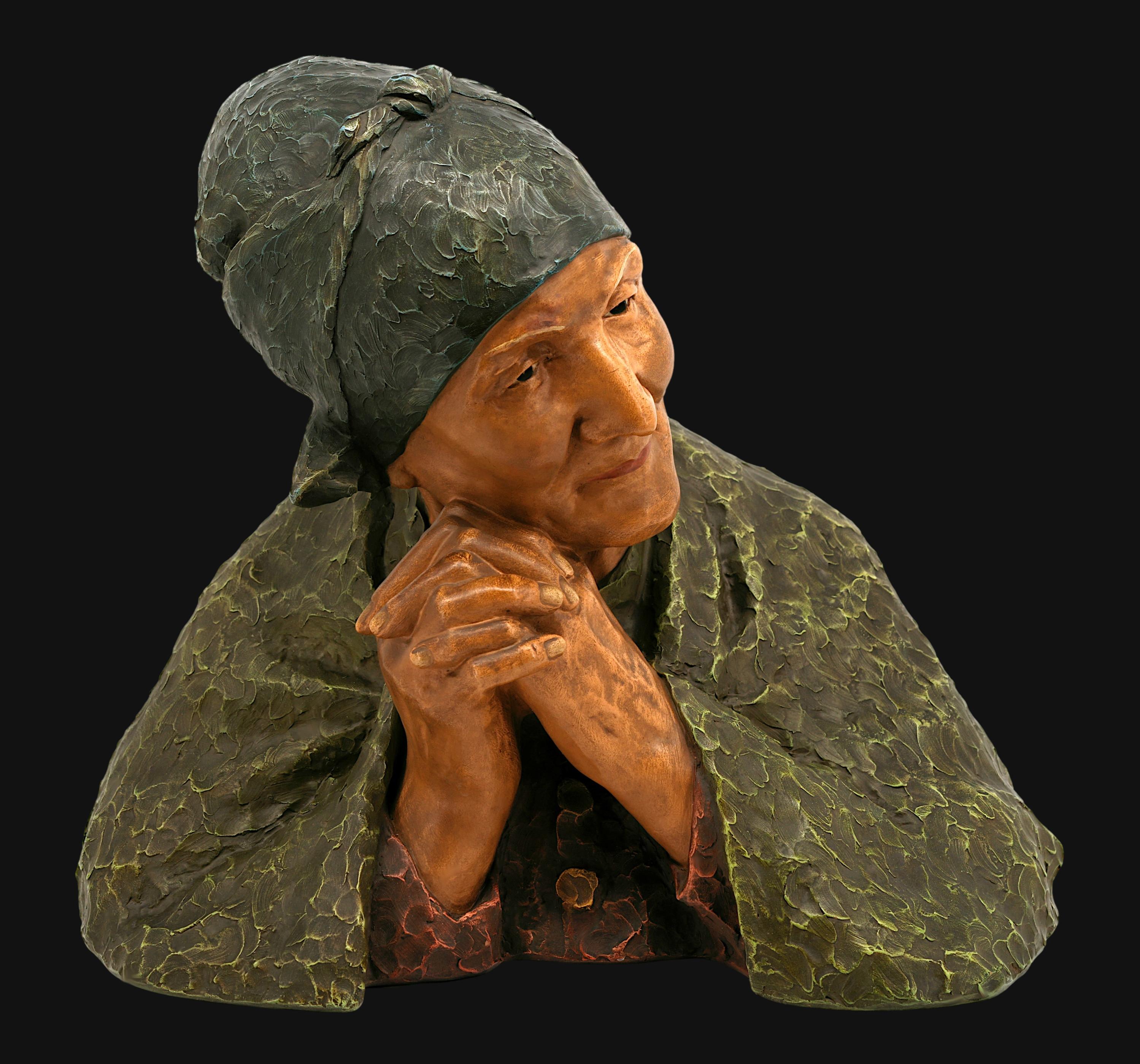 Skulptur einer alten Frau aus Terrakotta von Berthe GIRARDET (1861-1948), Manufacture de l'Isle-Adam  (nördlich von Paris), Frankreich, ca. 1900. Polychrome Terrakotta. Höhe: 16
