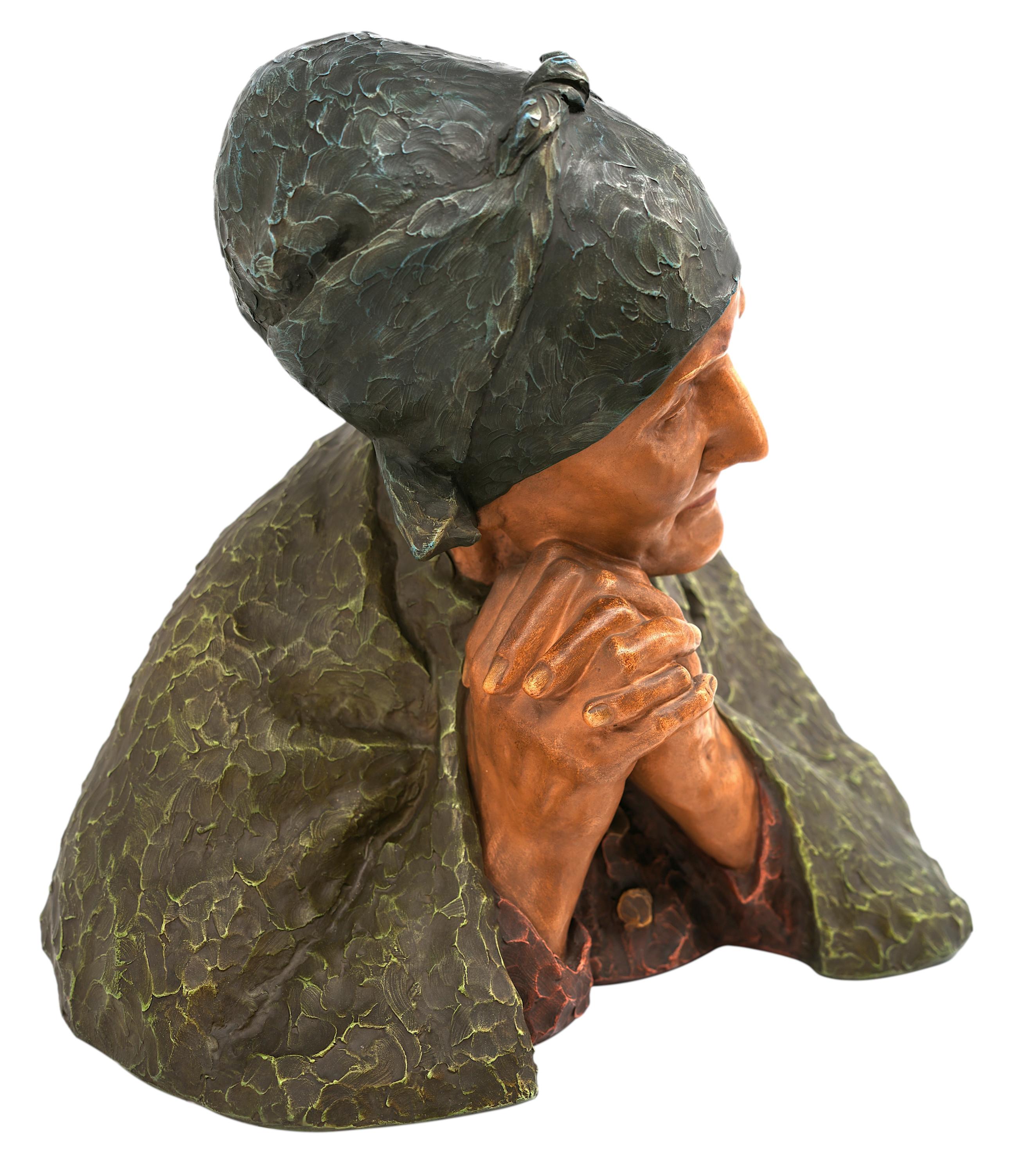 Polychromed Berthe GIRARDET Old Woman Old Woman Bust Sculpture, ca.1900 For Sale