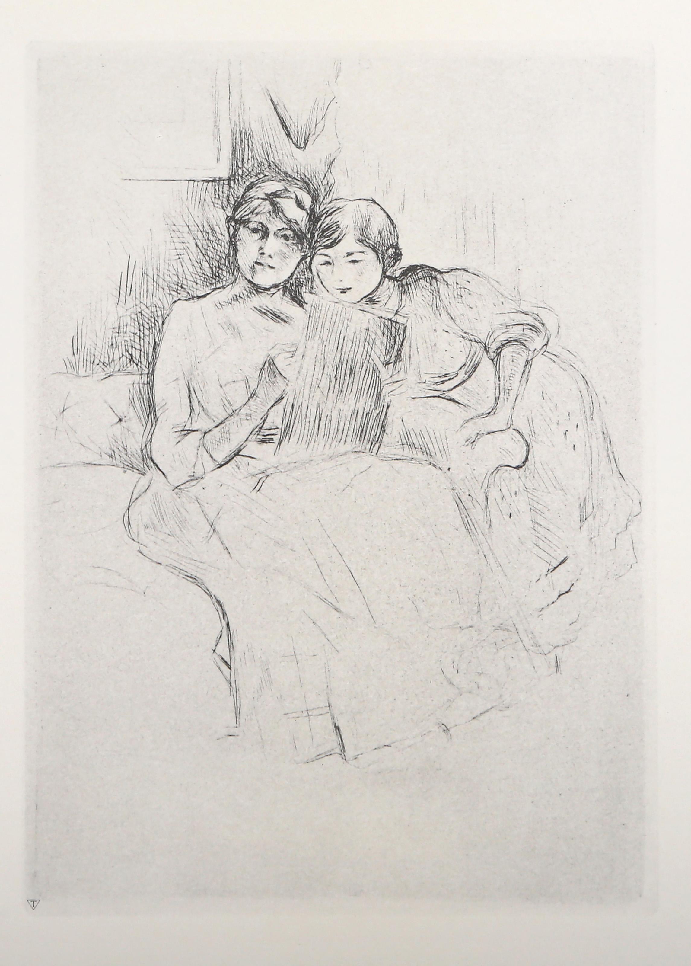 Berthe Morisot, Nach, Französisch (1841 - 1895) - Die Lektion, Mappe:  Vierundzwanzig Meisterwerke der grafischen Kunst, Jahr:  Jahr gedruckt 1974, Medium:  Lichtdruck, Bildgröße:  8 x 5,5 Zoll, Größe:  17 x 14 in. (43,18 x 35,56 cm), Drucker: 
