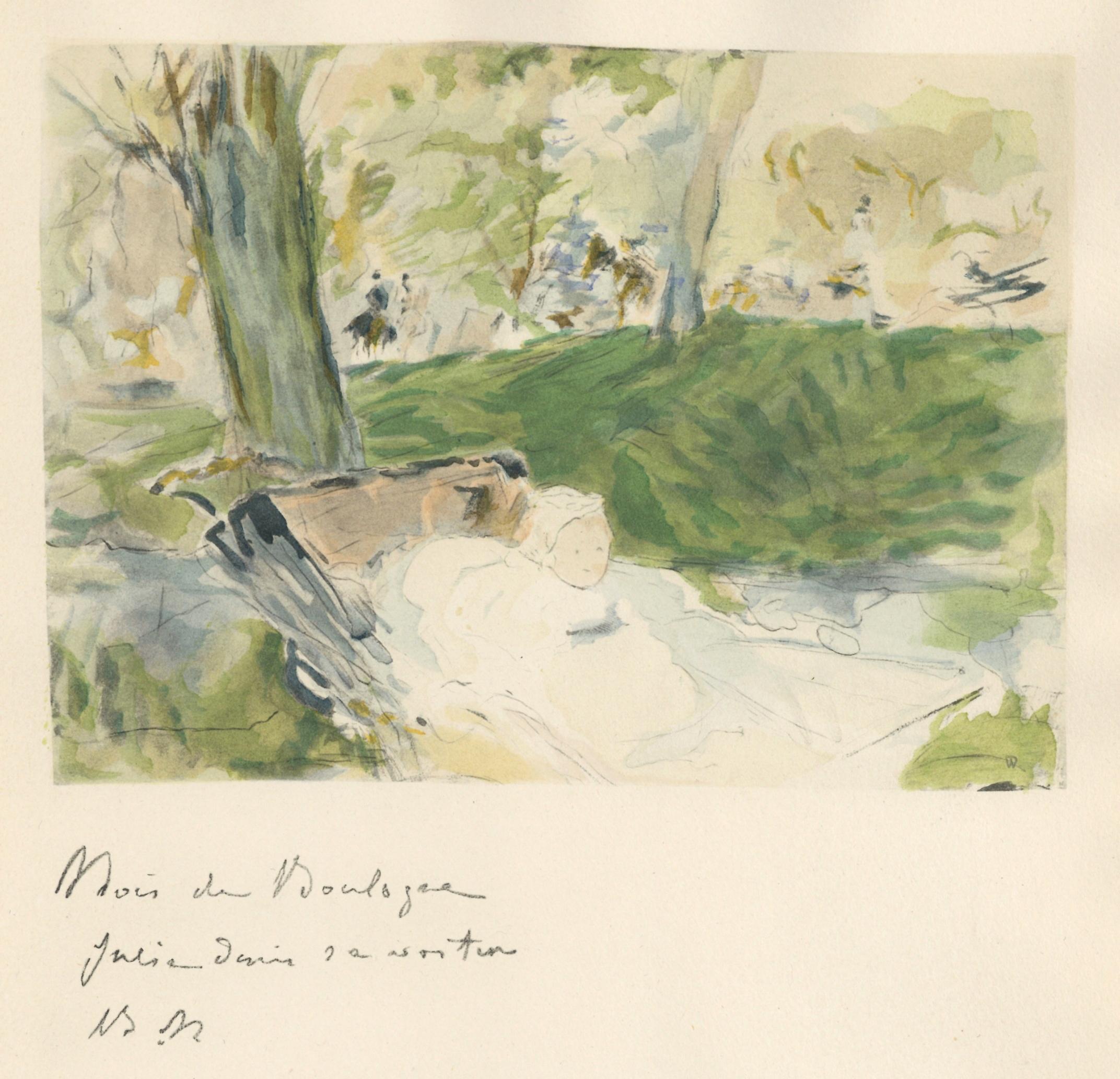 Medium: pochoir (after the 1879 watercolor). Printed 1946 in a limited edition of 300 for the rare "Berthe Morisot Seize Aquarelles" portfolio, published in Paris by Quatre Chemins. The image measures 6 x 8 inches (150 x 206 mm). The total sheet
