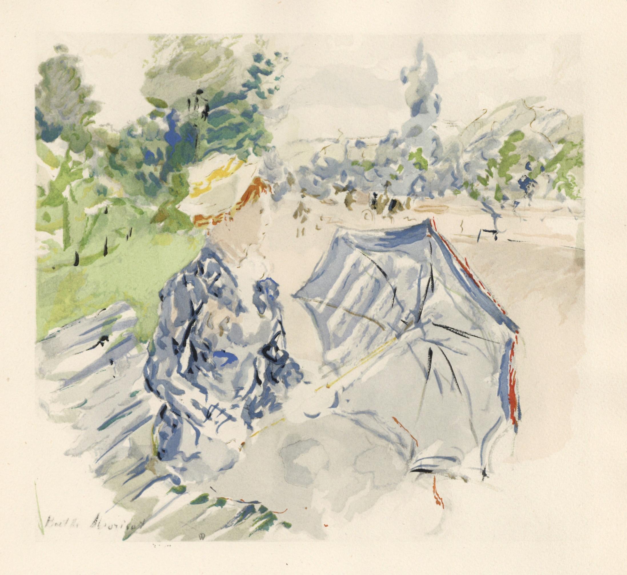 Medium: pochoir (after the 1885 watercolor). Printed 1946 in a limited edition of 300 for the rare "Berthe Morisot Seize Aquarelles" portfolio, published in Paris by Quatre Chemins. The image measures 7 1/2 x 7 3/4 inches (190 x 200 mm). The total