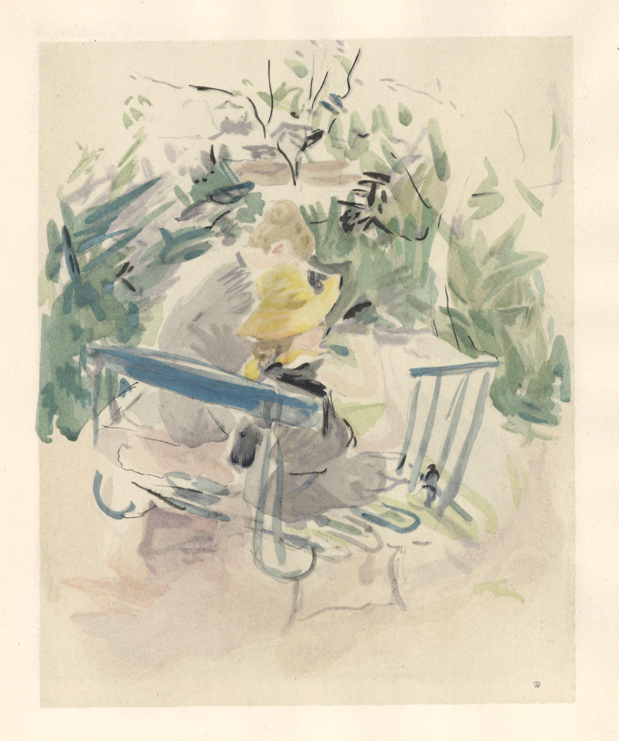 Medium: pochoir (after the 1883 watercolor). Printed 1946 in a limited edition of 300 for the rare "Berthe Morisot Seize Aquarelles" portfolio, published in Paris by Quatre Chemins. The image measures 9 1/2 x 7 3/4 inches (245 x 195 mm). The total