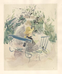 Vintage (after) Berthe Morisot - "Filette et sa bonne sur un banc" pochoir
