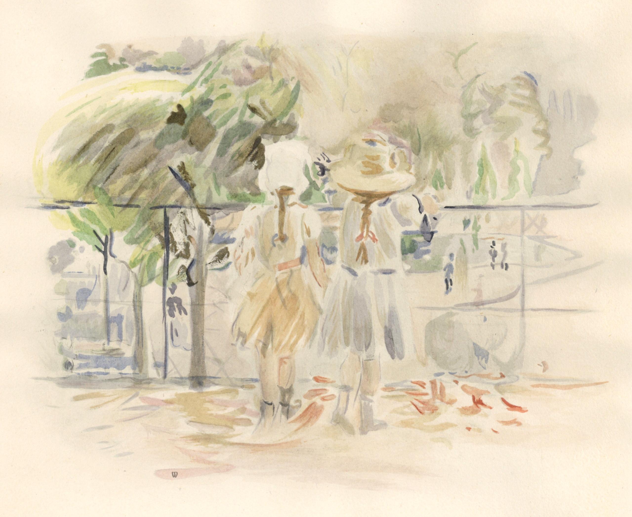 Medium: pochoir (after the 1885 watercolor). Printed 1946 in a limited edition of 300 for the rare "Berthe Morisot Seize Aquarelles" portfolio, published in Paris by Quatre Chemins. The image measures 8 x 10 inches (195 x 250 mm). The total sheet