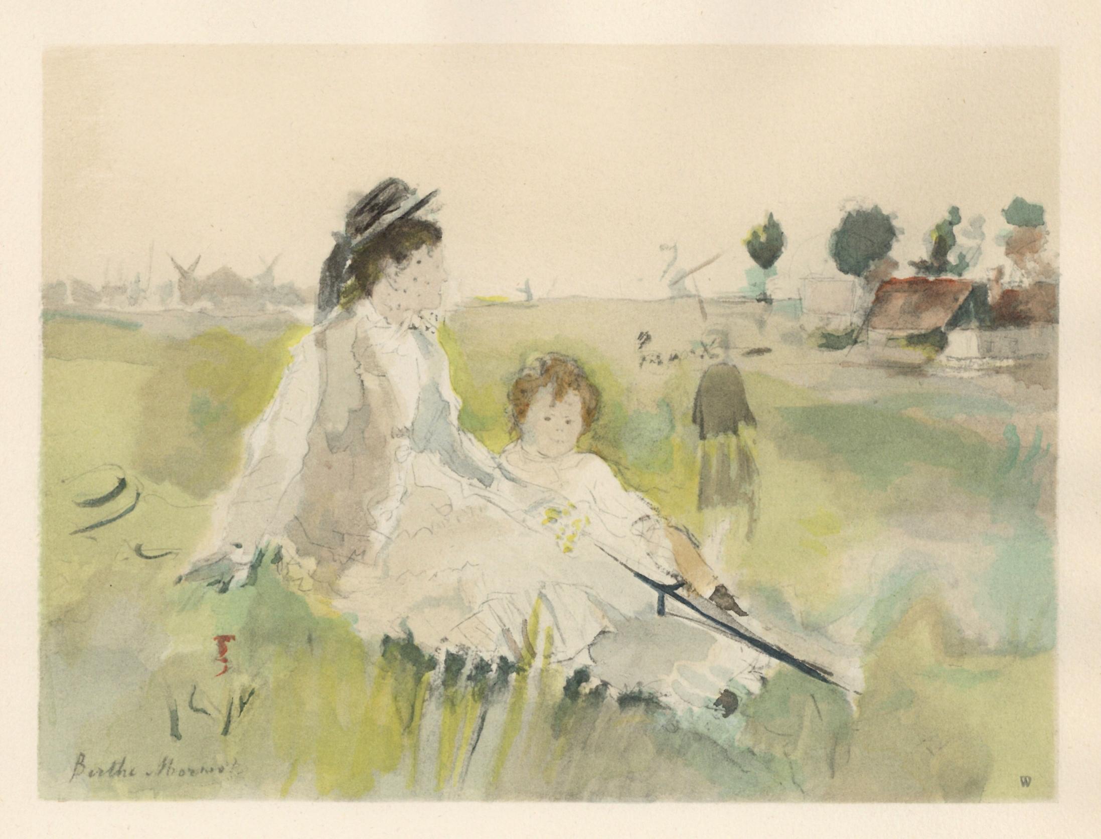 Medium: pochoir (after the 1875 watercolor). Printed 1946 in a limited edition of 300 for the rare "Berthe Morisot Seize Aquarelles" portfolio, published in Paris by Quatre Chemins. The image measures 6 1/4 x 8 1/2 inches (160 x 215 mm). The total