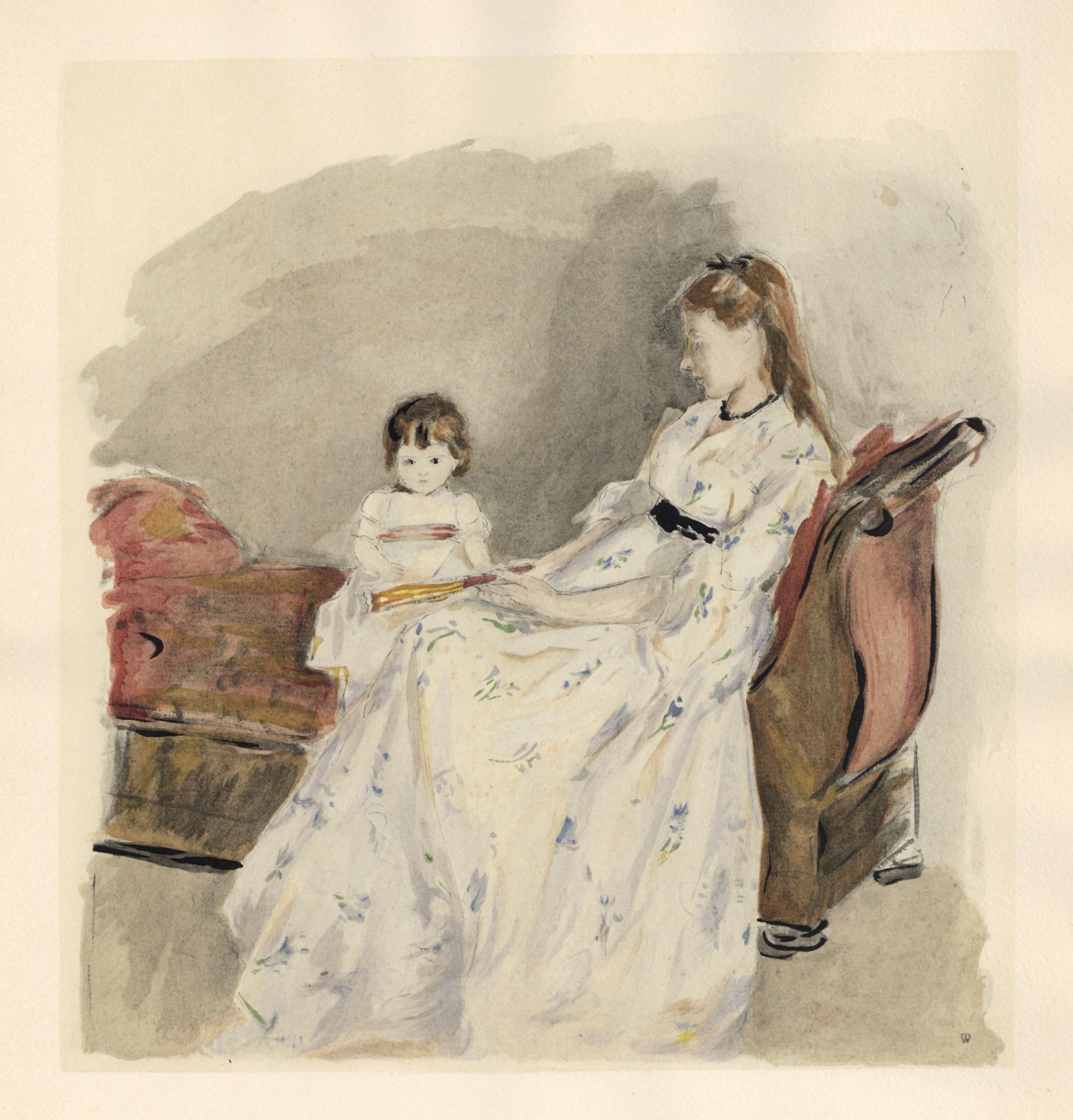 Medium: pochoir (after the 1872 watercolor). Printed 1946 in a limited edition of 300 for the rare "Berthe Morisot Seize Aquarelles" portfolio, published in Paris by Quatre Chemins. The image measures 9 3/4 x 9 inches (245 x 230 mm). The total sheet