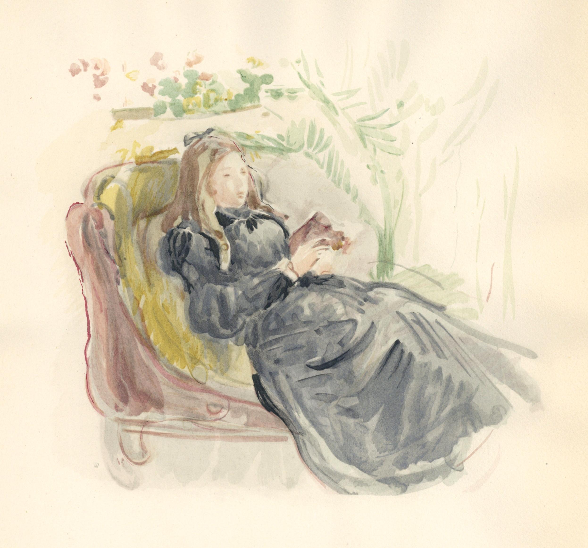 Medium: pochoir (after the 1871 watercolor). Printed 1946 in a limited edition of 300 for the rare "Berthe Morisot Seize Aquarelles" portfolio, published in Paris by Quatre Chemins. The image measures 8 1/4 x 8 1/2 inches (210 x 220 mm). The total
