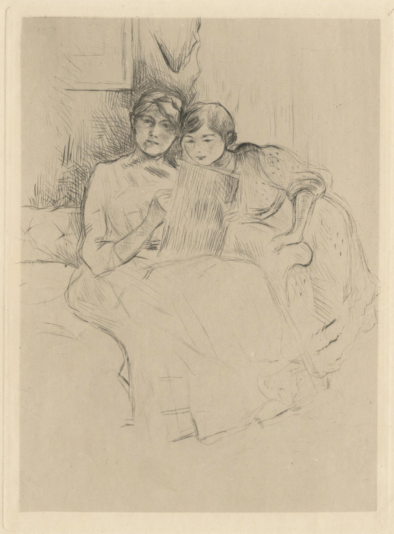 Berthe Morisot dessinant, avec sa fille
Drypoint on Japan paper, 1889
Unsigned (as issued)
From the deluxe edition before the cancellation holes upper and lower center
Reference: Johnson, Vollard, No. 8, before cancellation holes in the top and