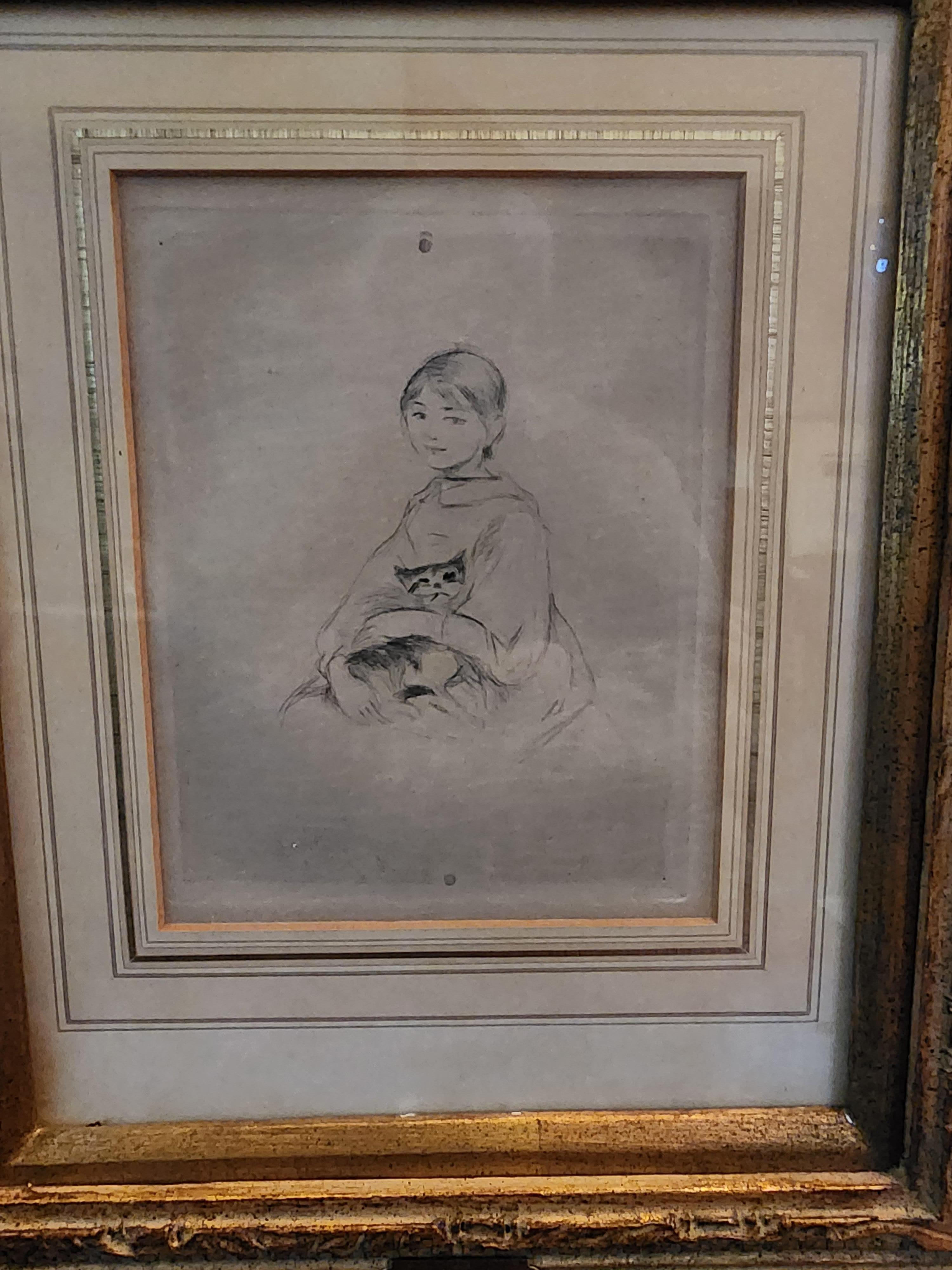 An excellent impression on lais paper.
This impression was printed after the plate was  cancelled.
The cancellation was done by punching two holes at the top and bottom edges of the plate which print as circles in the image.
Morisot only produced 8