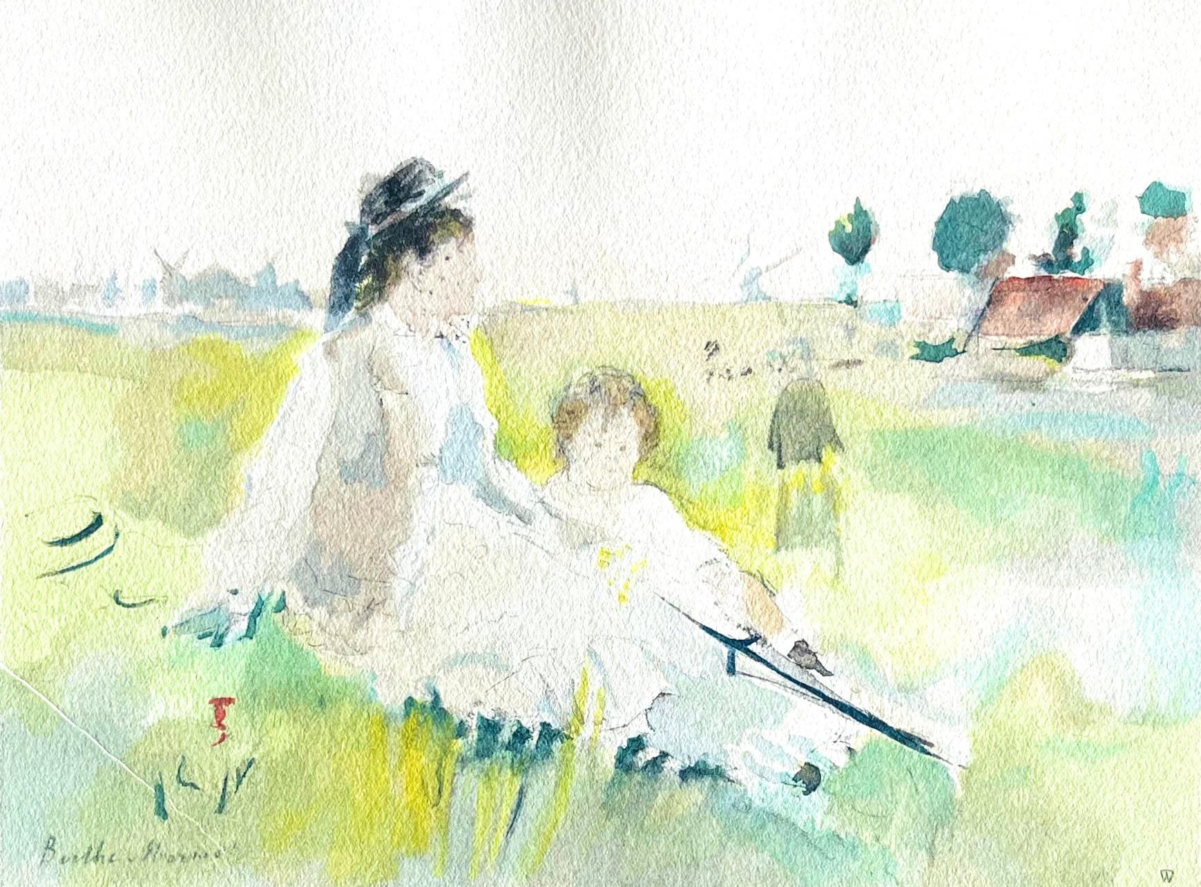 Berthe Morisot Landscape Print - Morisot, Jeune Femme et Enfant dans l'herbe (Mme Gobillard et sa fille) (after)