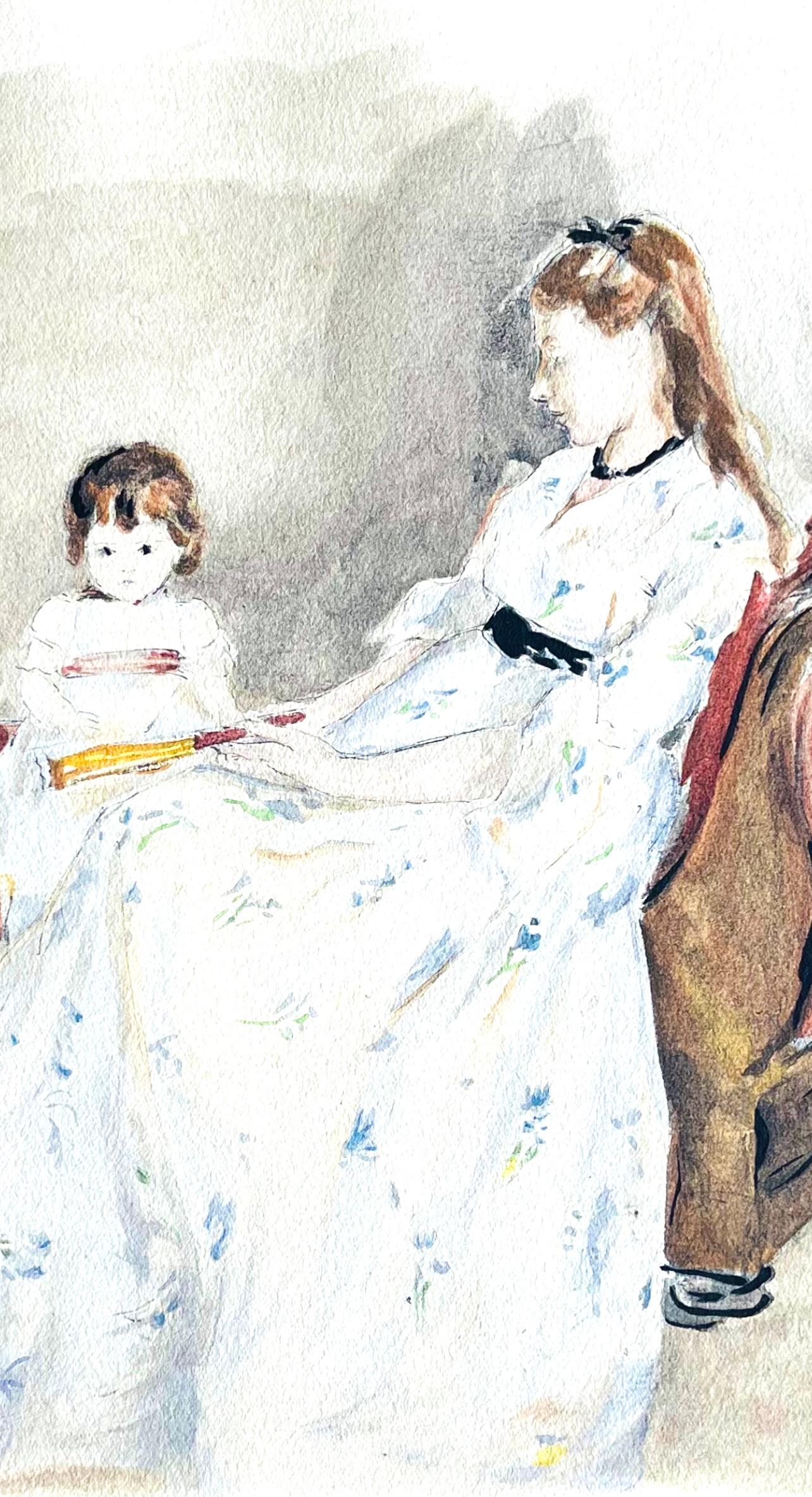 Morisot, Jeune Femme et Enfant sur un canapé (Mme Pontillon et sa fille) (nach) – Print von Berthe Morisot