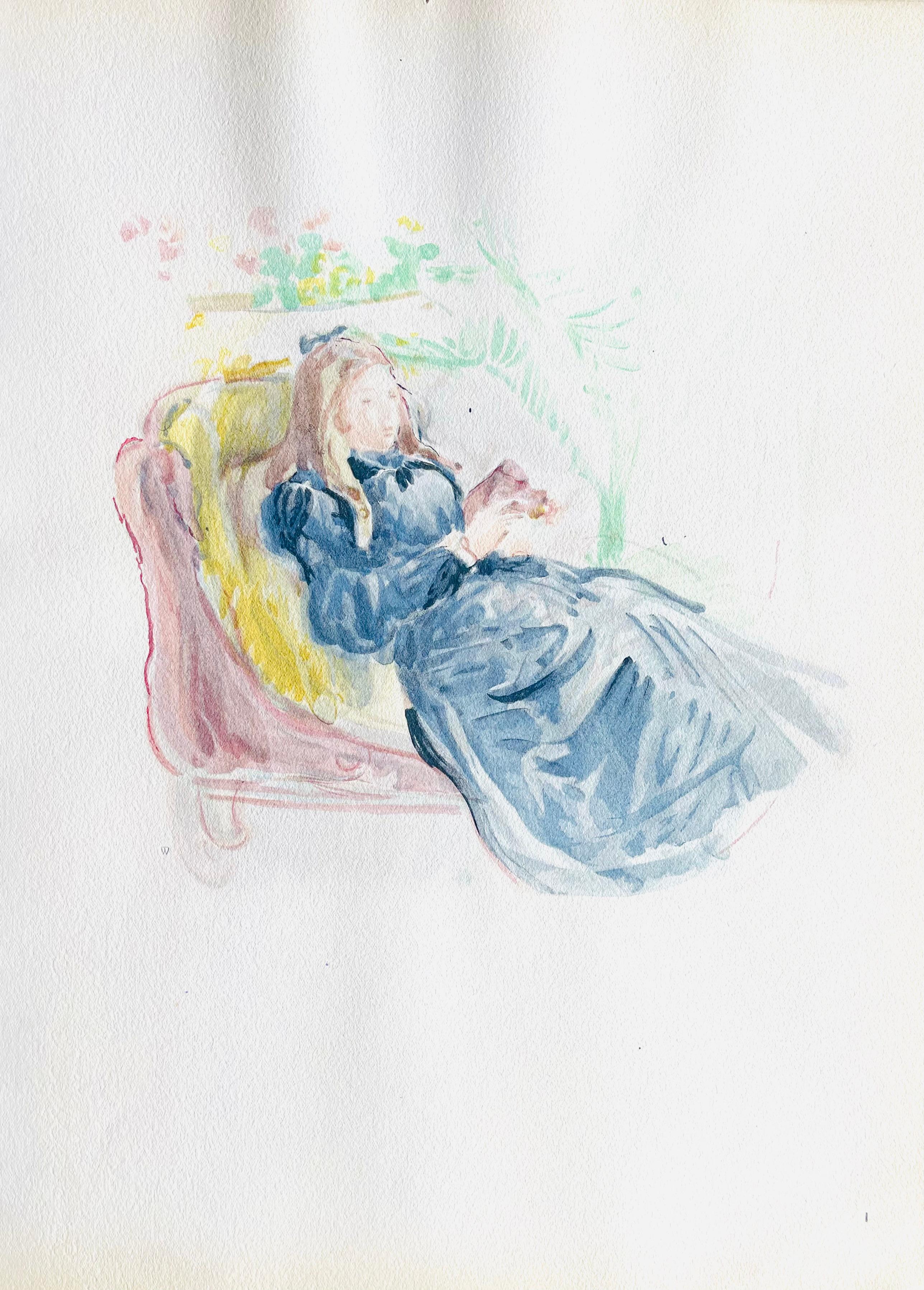 Morisot, Jeune Femme sur le sofa, Berthe Morisot Seize Aquarelles (after) For Sale 4
