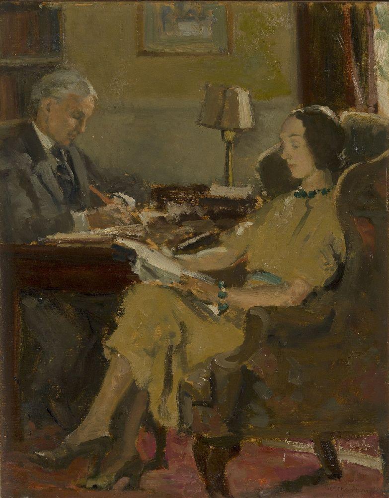 Fine French 1930's Signed Oil, Interior Scene Elegant Figures Reading in Study - Painting by Berthe Noufflard