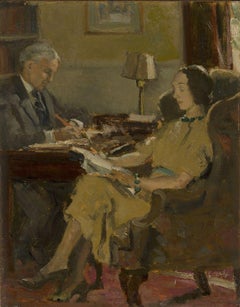 Fine French 1930's Signed Oil, Interior Scene Elegant Figures Reading in Study