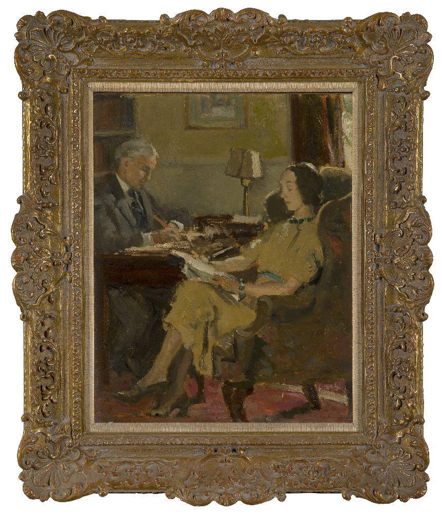 Berthe Noufflard Interior Painting - Fine French 1930's Signed Oil, Interior Scene Elegant Figures Reading in Study