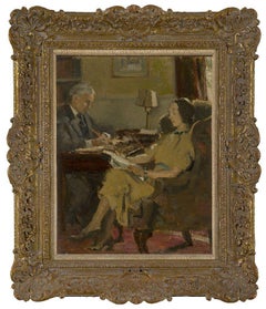 Fine French 1930's Signed Oil, Interior Scene Elegant Figures Reading in Study
