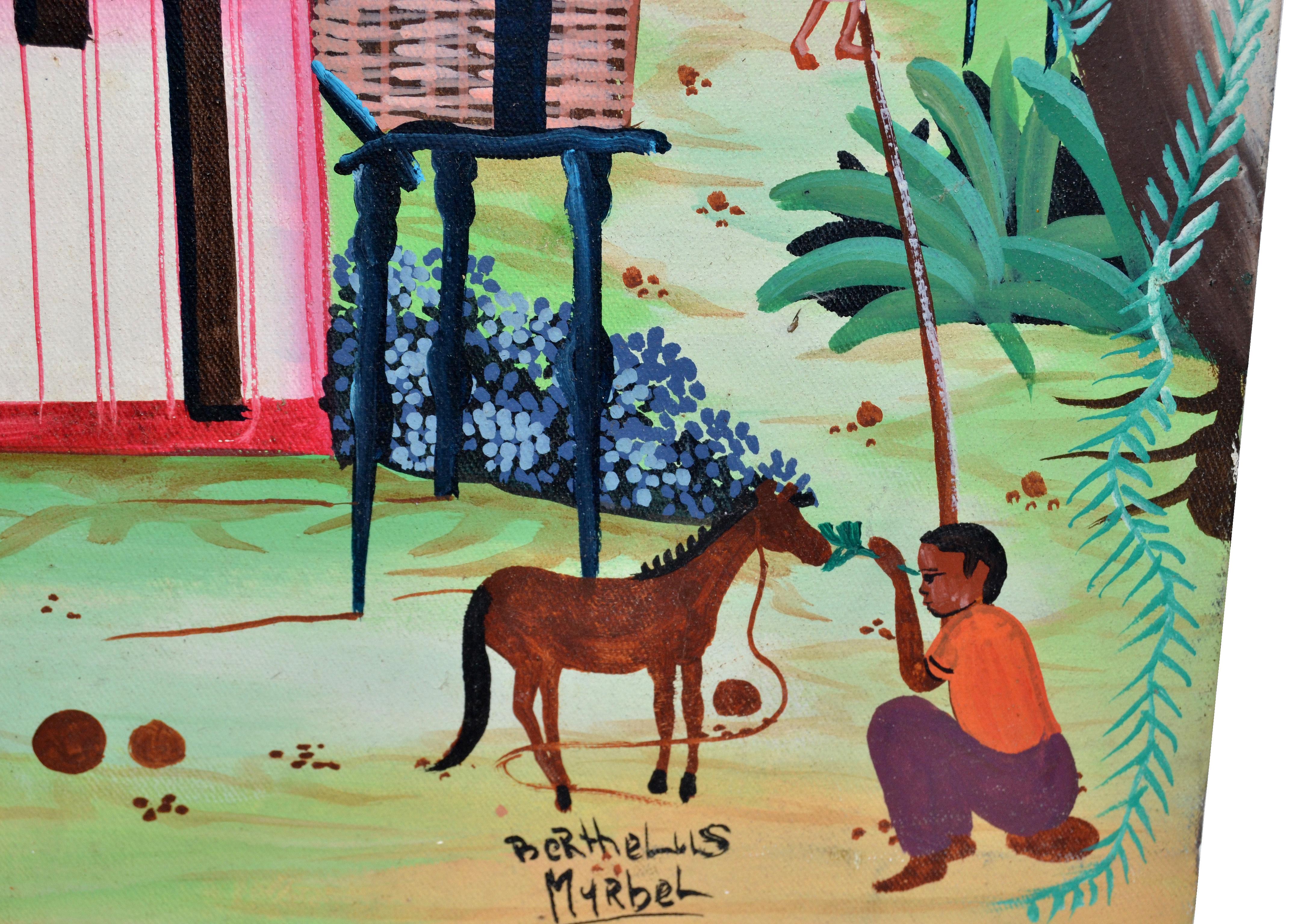 Berthelis Myrbet Pittura vintage in acrilico su tela di una scena portuale haitiana 2