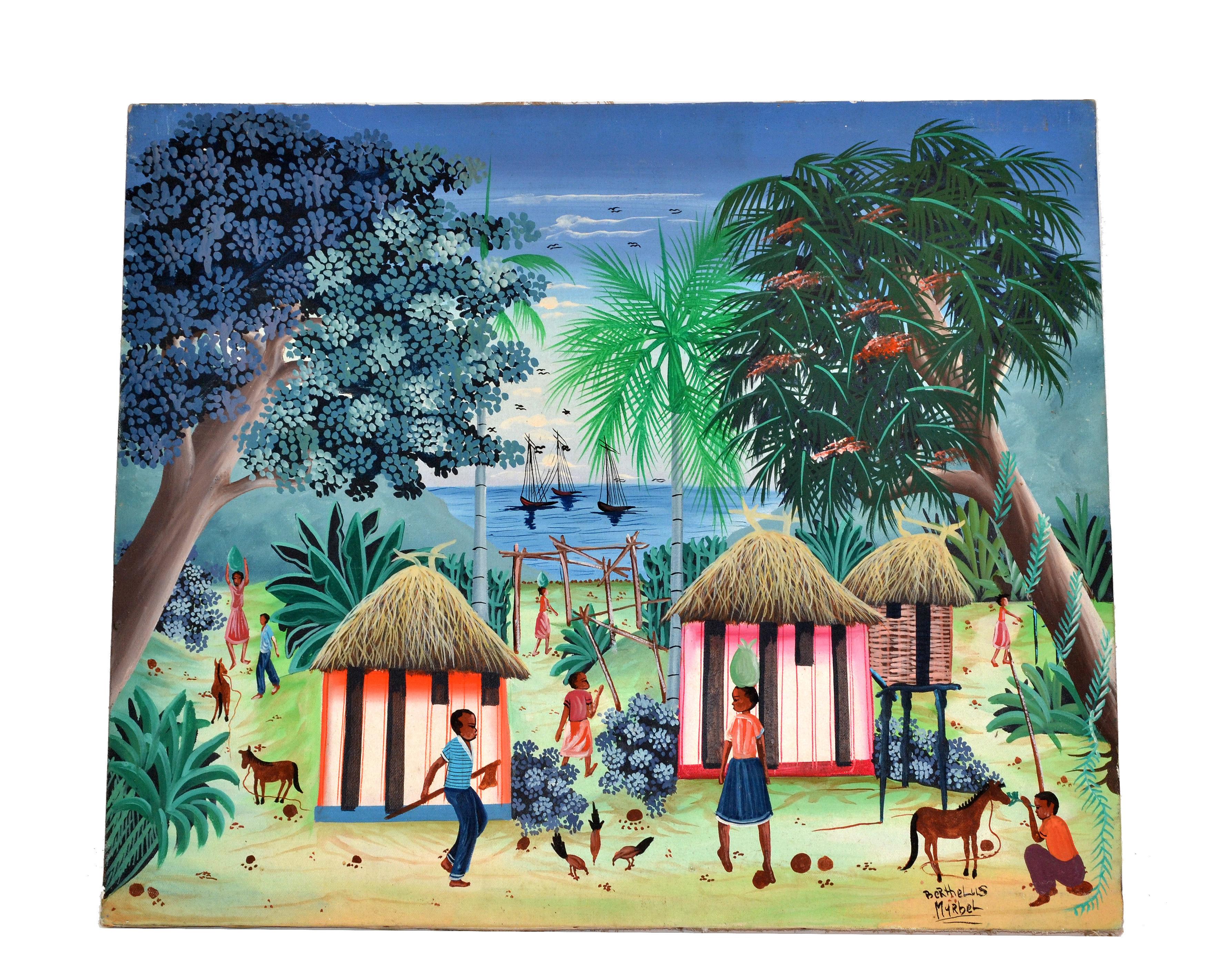 Berthelis Myrbet - Peinture acrylique sur toile vintage d'une scène de port haïtienne en vente 2