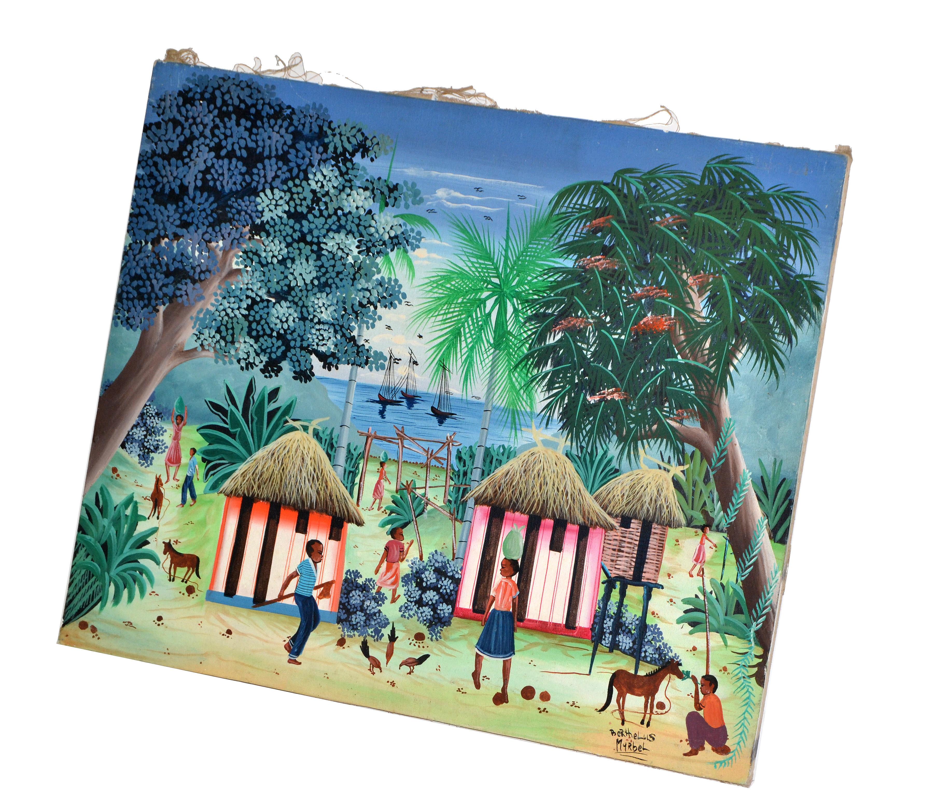 Bunte Vintage-Acryl-Gemälde von Haitian Harbor Scene von 3 Hütten und Segelboote auf Leinwand.
Signiert vom Künstler und hergestellt in Haiti in den 1970er Jahren. 
Guter Vintage-Zustand mit Gebrauchsspuren.
 