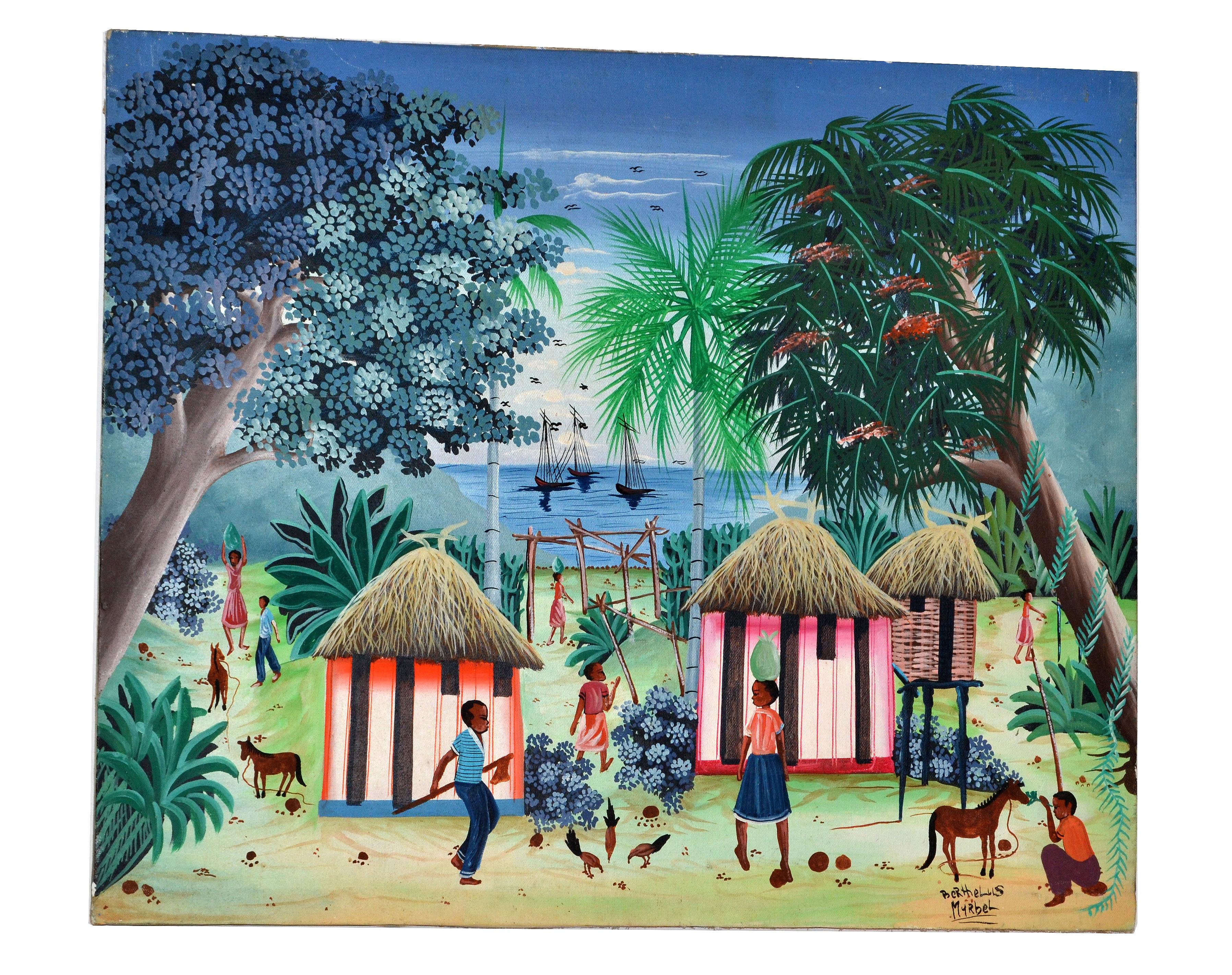Berthelis Myrbet, Vintage-Gemälde einer haitianischen Hafenszene, Acryl auf Leinwand (Volkskunst) im Angebot