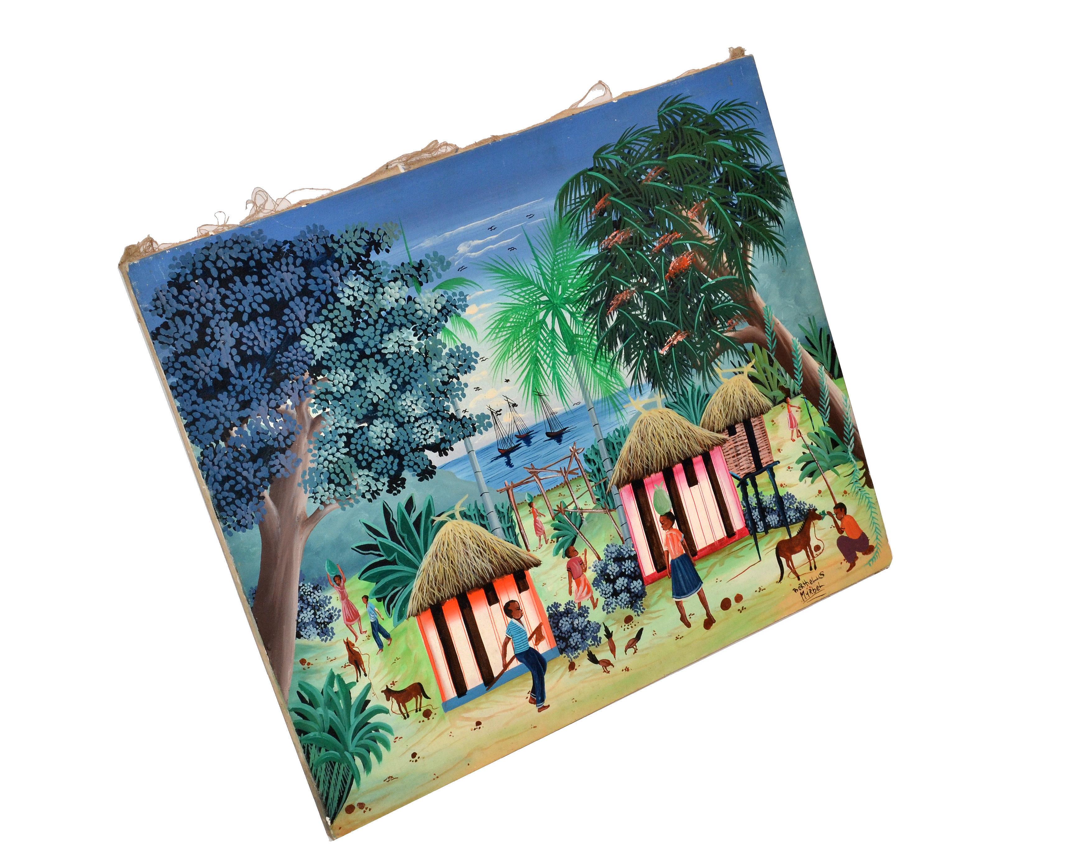 Artisanat Berthelis Myrbet - Peinture acrylique sur toile vintage d'une scène de port haïtienne en vente