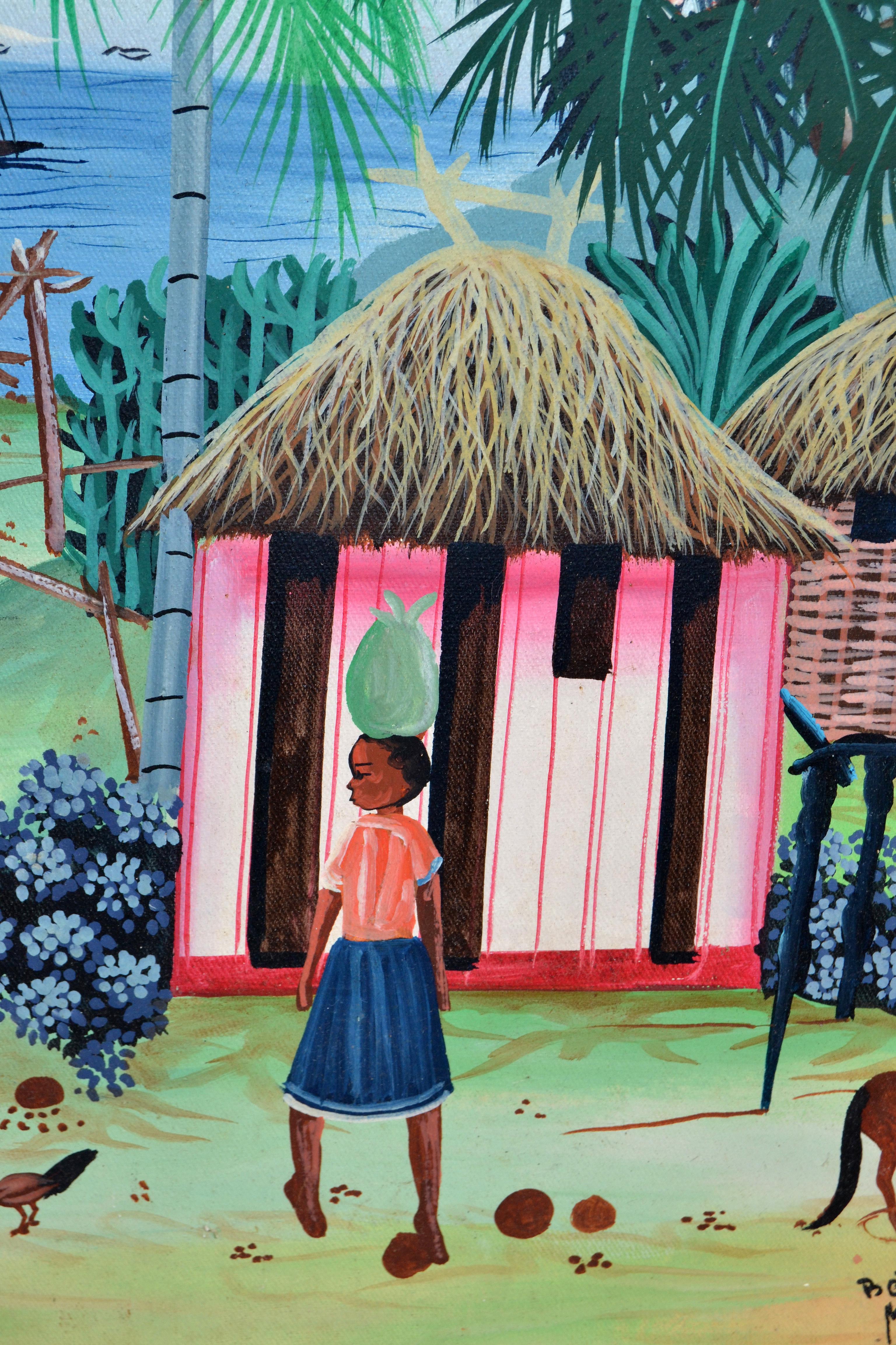 Haïtien Berthelis Myrbet - Peinture acrylique sur toile vintage d'une scène de port haïtienne en vente