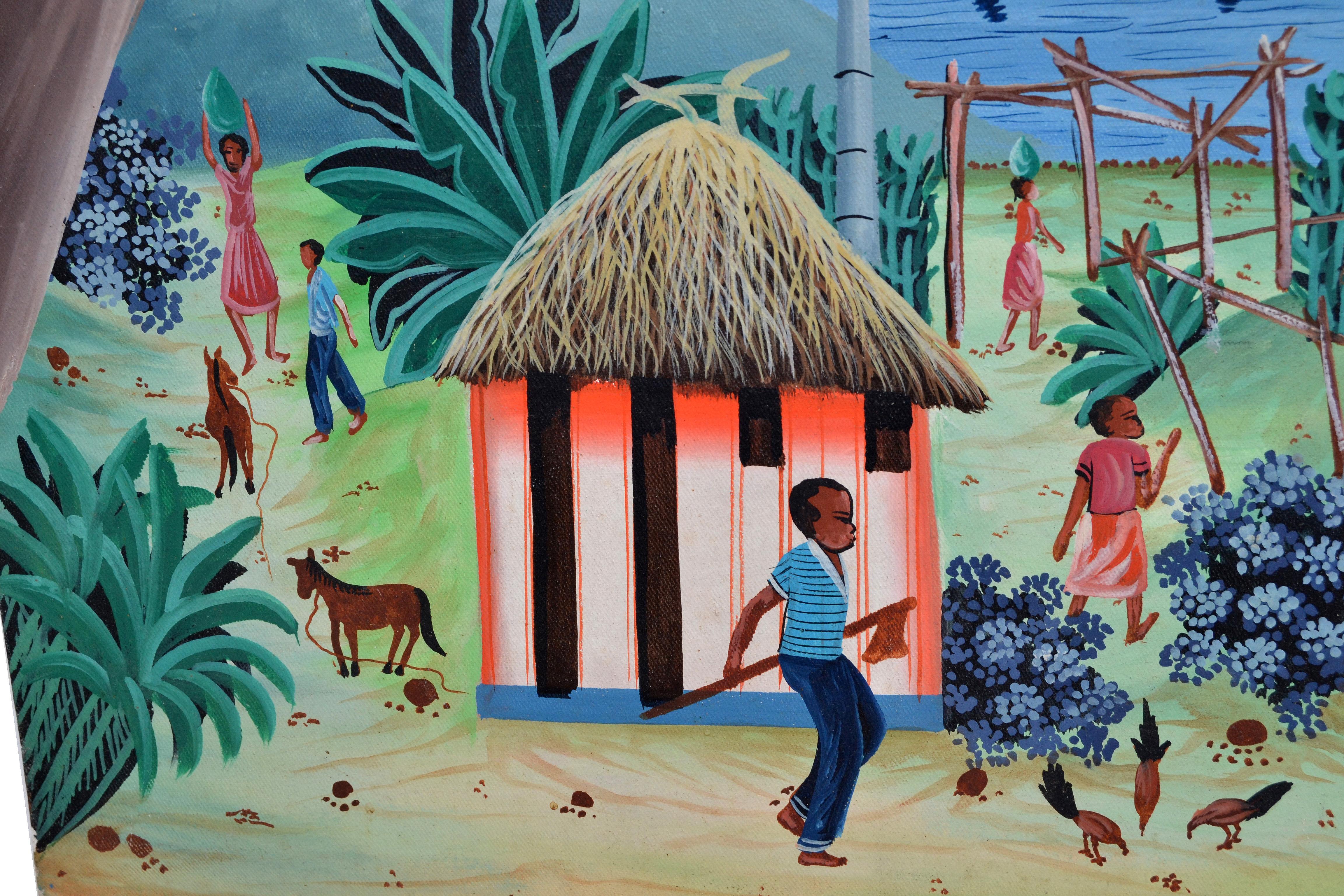Folk Art Berthelis Myrbet Vintage Acrylic on Canvas Painting of a Haitian Harbor Scene For Sale