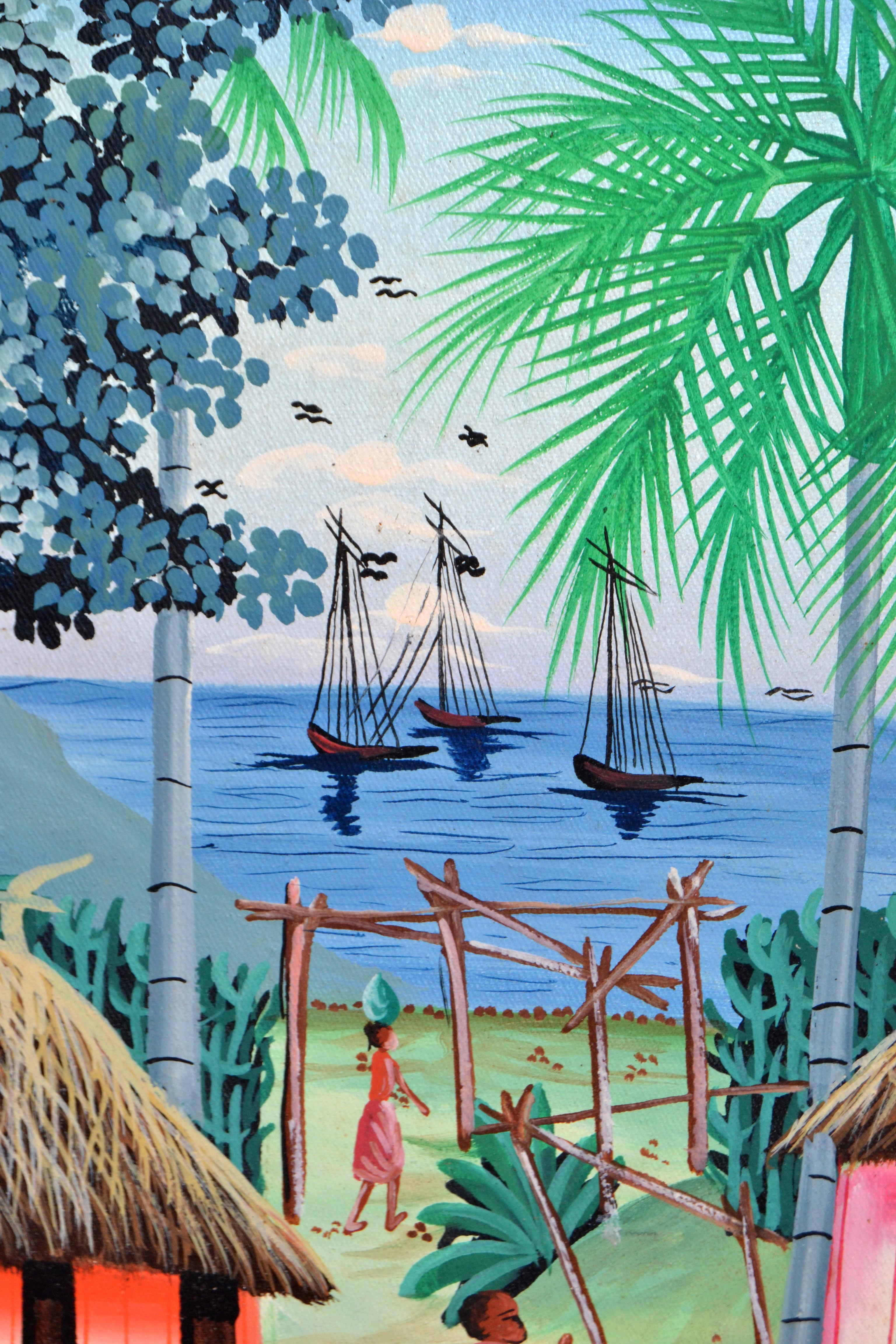 Hand-Painted Berthelis Myrbet Vintage Acrylic on Canvas Painting of a Haitian Harbor Scene For Sale