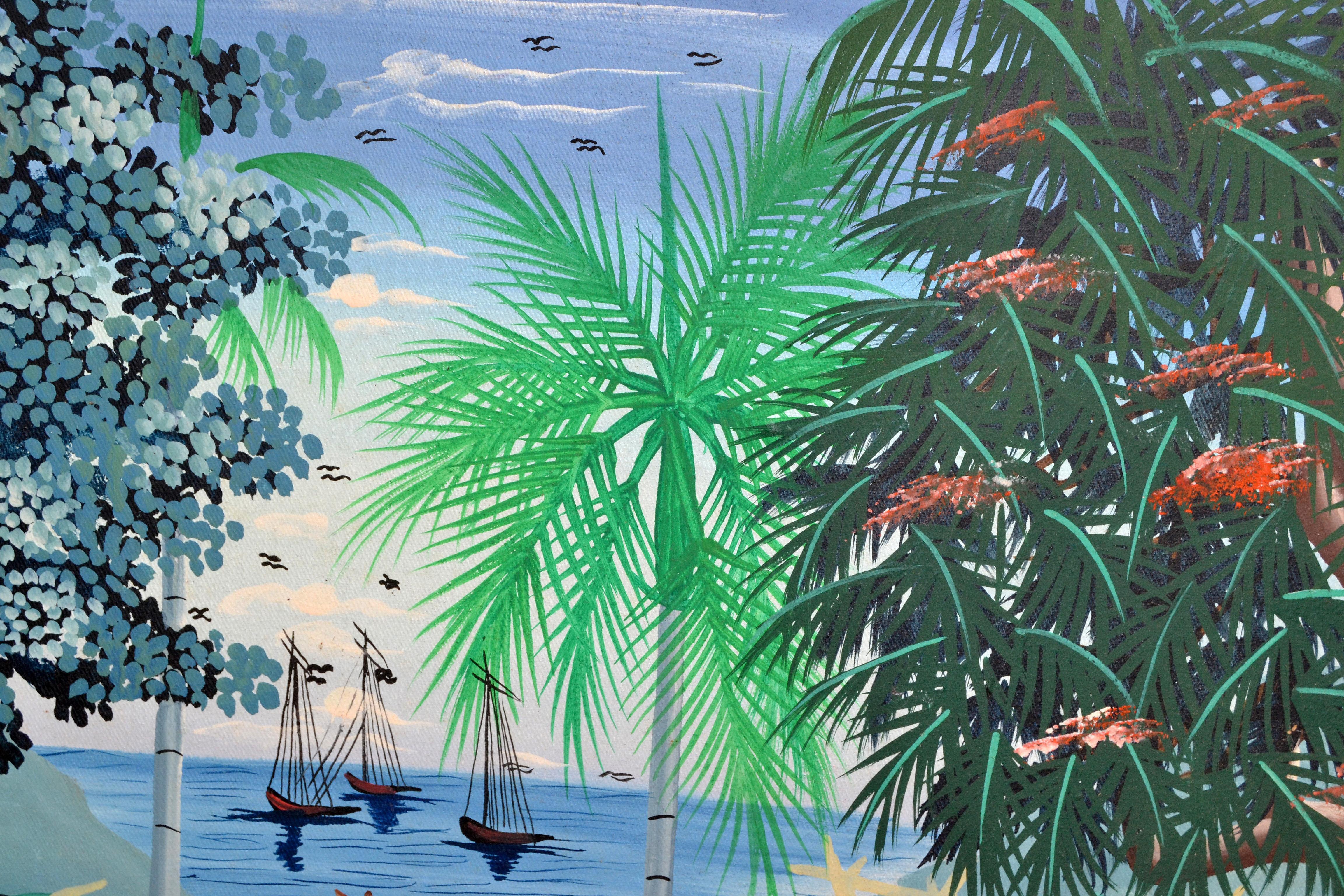20ième siècle Berthelis Myrbet - Peinture acrylique sur toile vintage d'une scène de port haïtienne en vente