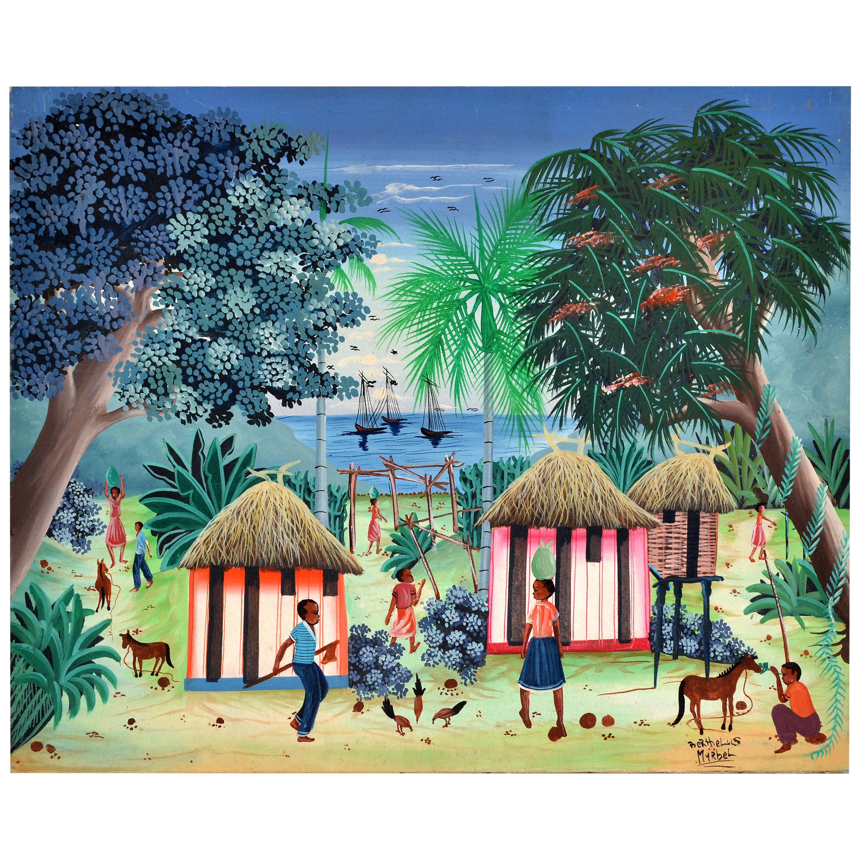 Berthelis Myrbet - Peinture acrylique sur toile vintage d'une scène de port haïtienne