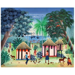 Berthelis Myrbet Vintage Acrylic on Canvas Painting of a Haitian Harbour Scene