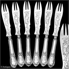 Berthier Rare French Sterling Silver Melon Forks Set 6 Pc, Napoleon III Period